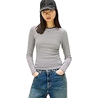 Tommy Jeans TJW Slim Essential Rib LS DW0DW17387 L/S T-Shirt, Nero (Nero/Ecru Stripe)