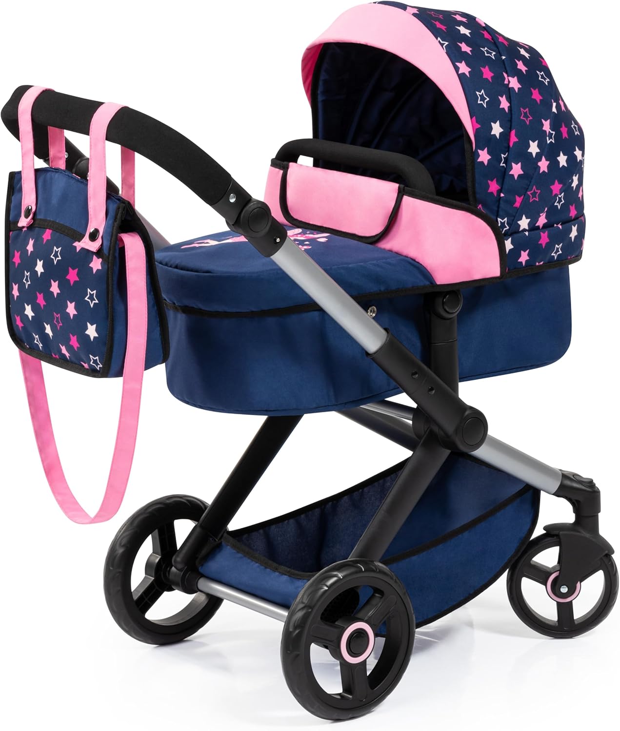 Bayer: Pram Xeo - Blue, Pink, Stars - Includes Shoulder Bag, Fits Dolls Up to 18", Convertible to A Pushchair, Adjustable Handle & Swivel