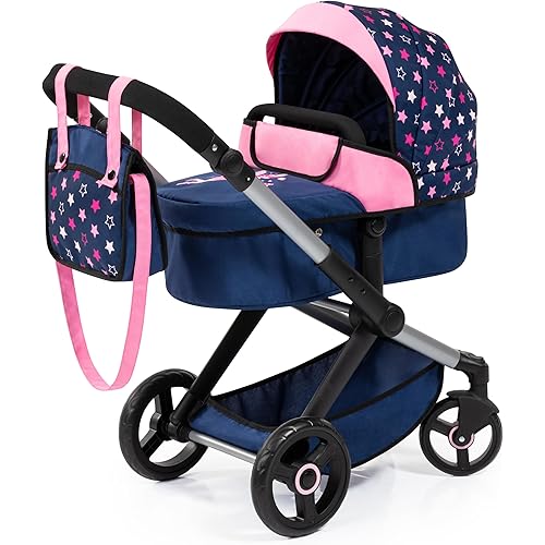 Bayer: Pram Xeo - Blue, Pink, Stars - Includes Shoulder Bag, Fits Dolls Up to 18", Convertible to A Pushchair, Adjustable Handle & Swivel