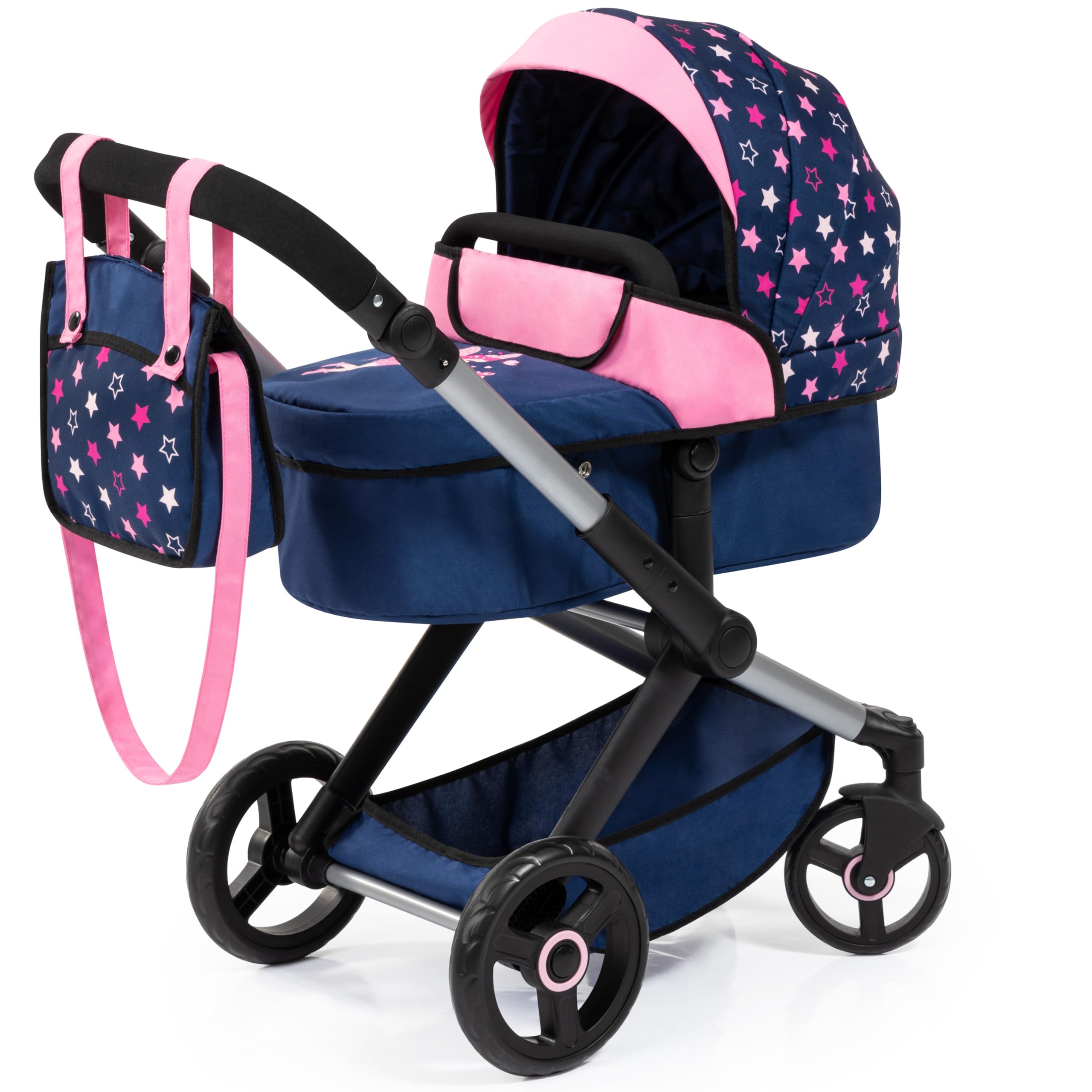 Pram Xeo - Blue, Pink, Stars - Includes Shoulder Bag, Fits Dolls Up to 18", Convertible to A Pushchair, Adjustable Handle & Swivel