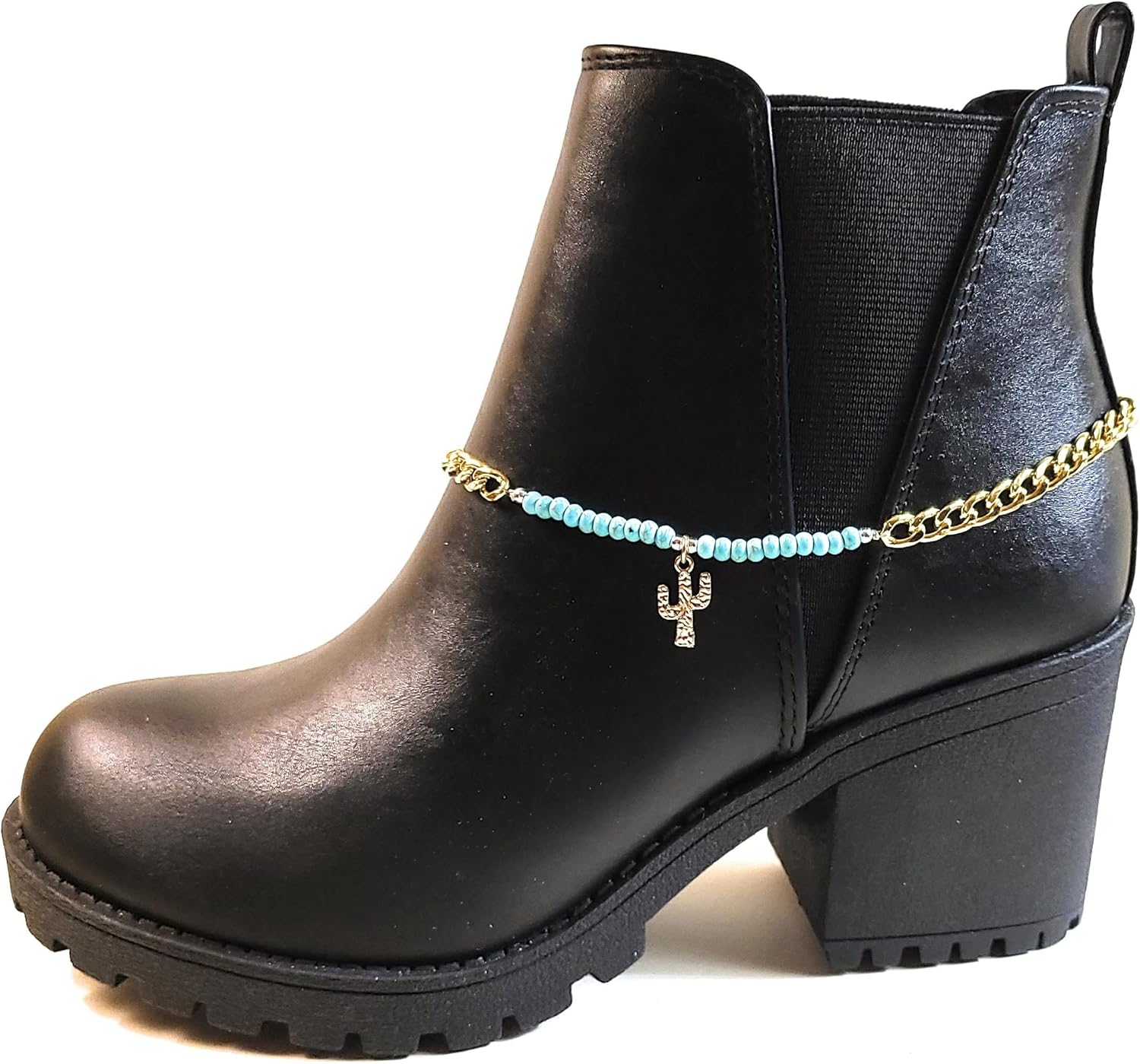 Saguaro Boot Bracelet Cactus Charm Blue Turquoise Bead Adjustable Up to 16 Inch Gold Plated Stainless Steel Chain Western Southwestern Rodeo Sold Individually