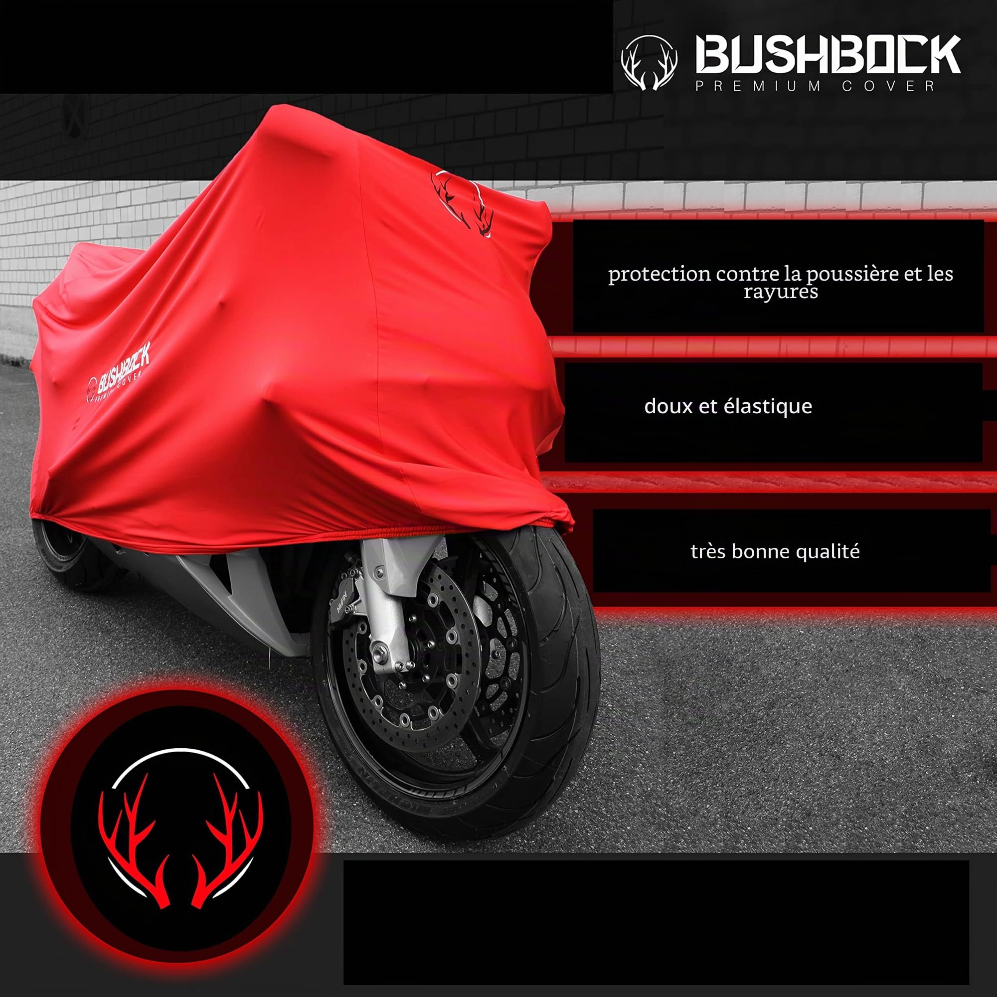 BUSHBOCK Premium Bâche BUSHBOCK® Premium Bâche d'intérieur pour Moto, Protection Contre la poussière, Tissu élastique en Velours Respirant (ML, Rouge)
