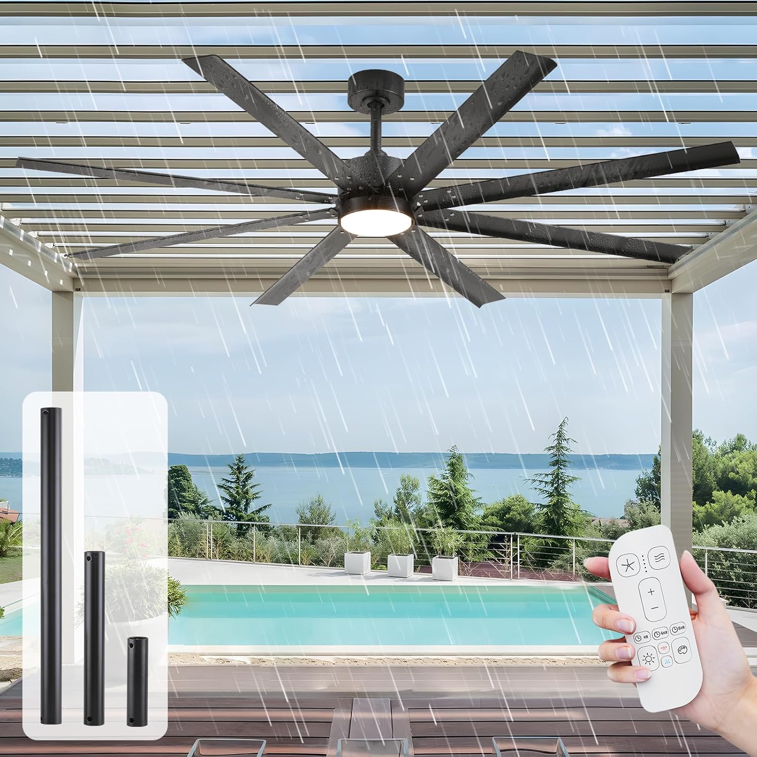 72 Inch Outdoor Ceiling Fan with Lights, Waterproof All Weather Wet Rated, 8 Modern Black Industrial Aluminum Blades, High CFM Quiet Reversible DC Motor, for Patio, Gazebo & Large Commercial Spaces