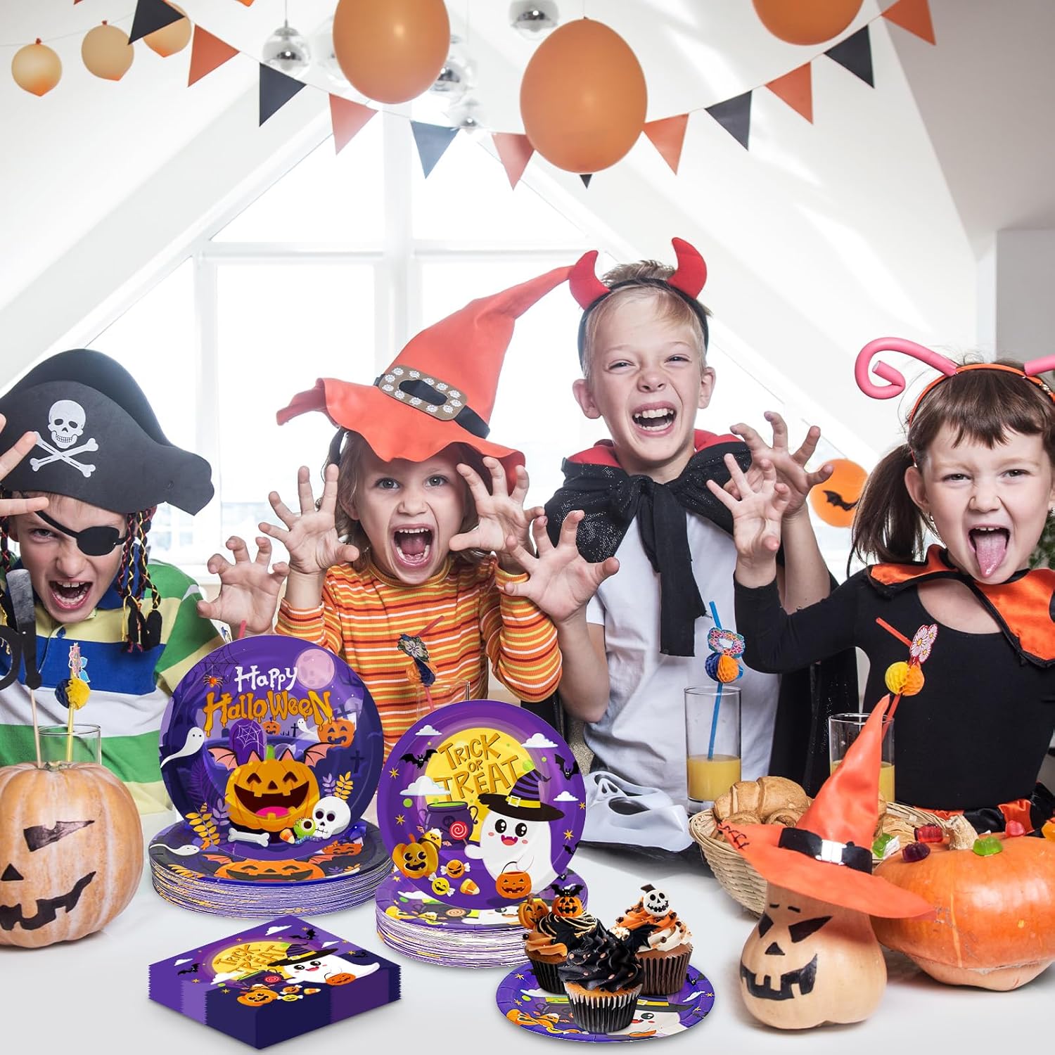 3 Pack Halloween Tablecloth and 150 Pcs Halloween Plates and Napkins Sets, Cute Happy Helloween Party Supplies Tableware for Halloweens Birthday Party Decorations Favors