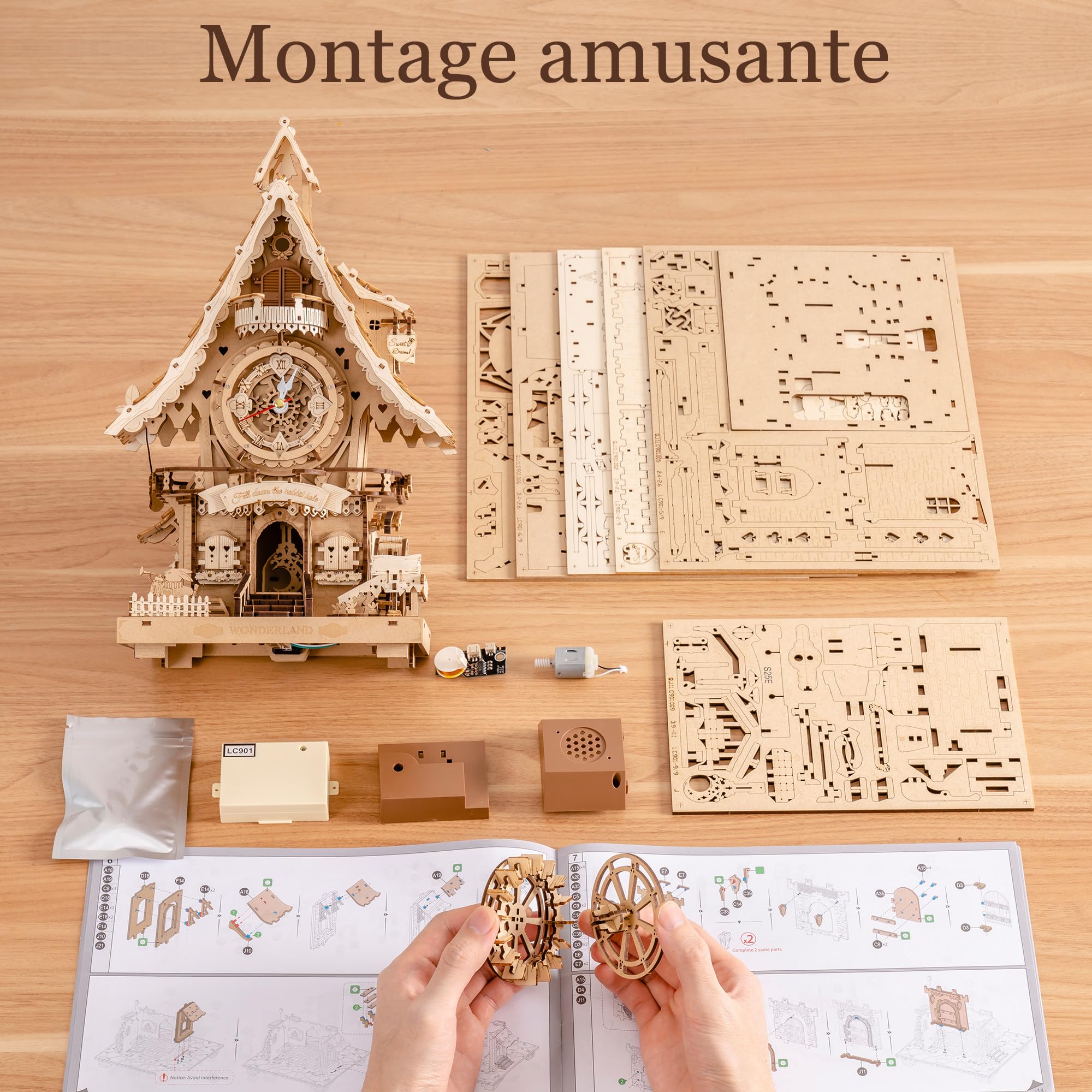 ROBOTIME Puzzle 3D Horloge à Coucou en Bois pour Adultes,Kit de Modèle à Construire,Horloge Fonctionnelle avec Son du Coucou,Décoration Maison,Cadeau pour Adolescents&Adultes,LC901 (Couleur de Bois)
