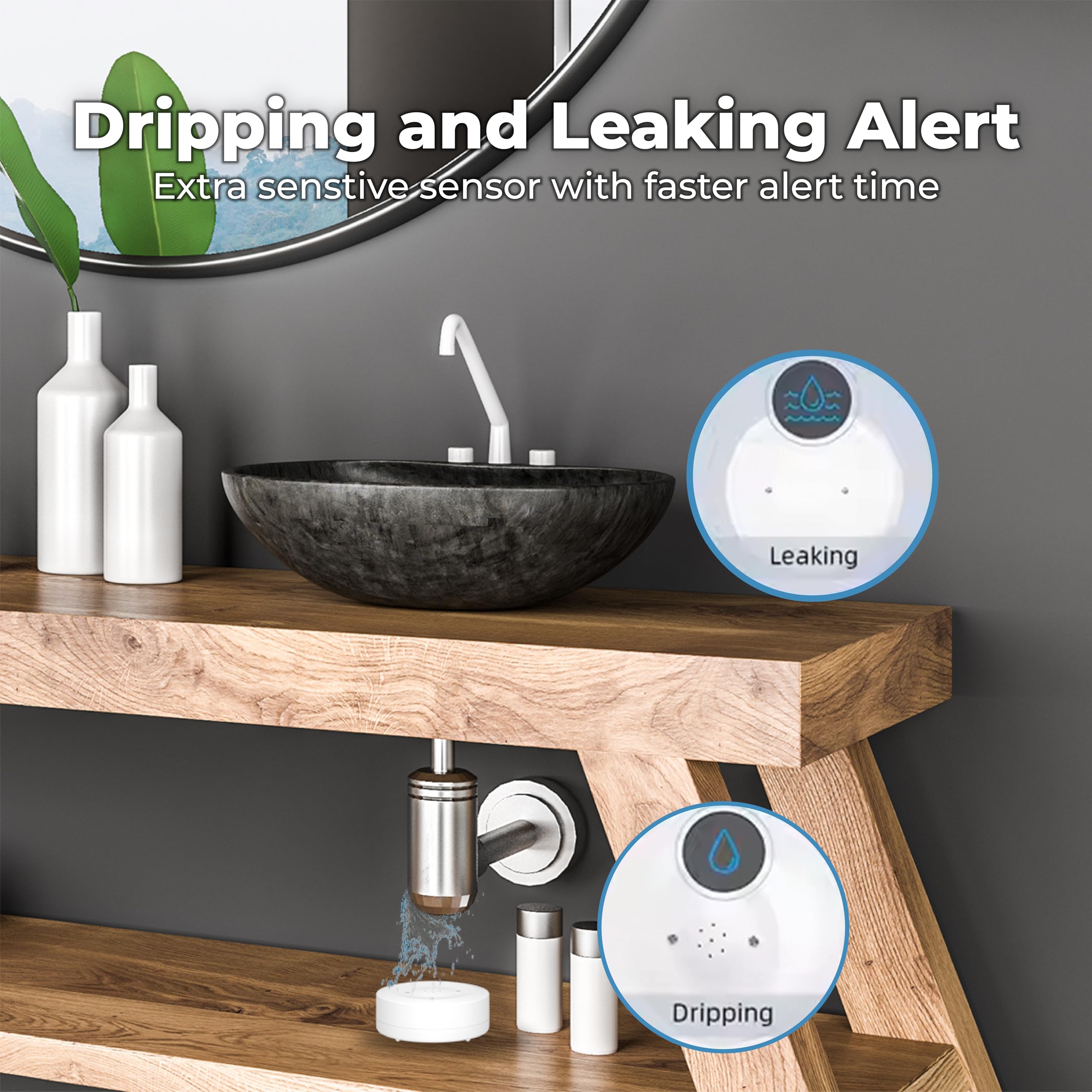 TUBY Detector de fugas de agua WiFi, no requiere concentrador, fácil instalación, sensor inteligente para el hogar, sótano, cocina, baño, sensor de humedad, inalámbrico, IP55, 80 dB, alarma de