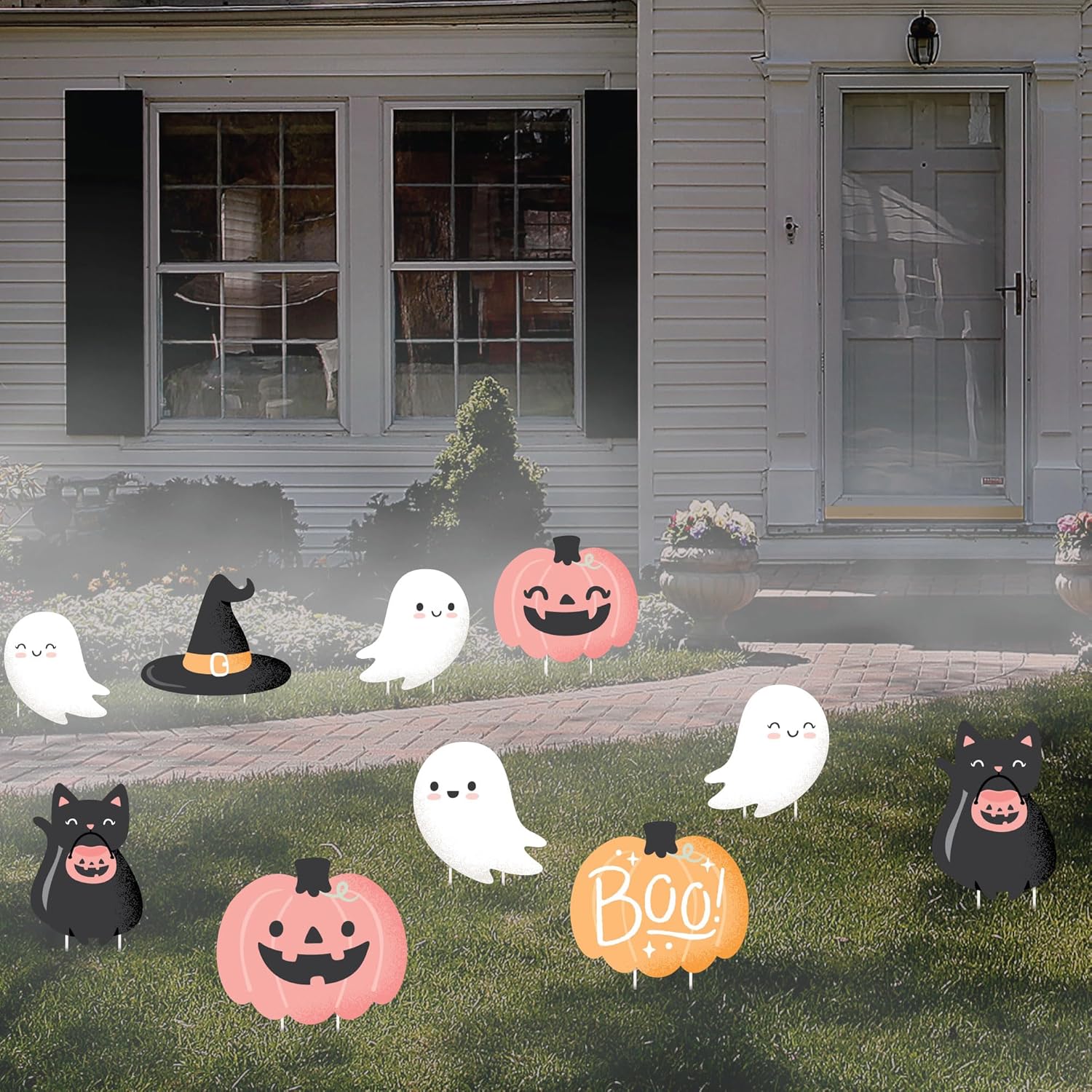 Big Dot of Happiness Pastel Halloween - Ghost, Pumpkin, Cat and Hat Lawn Decorations - Outdoor Pink Pumpkin Party Yard Decorations - 10 Piece