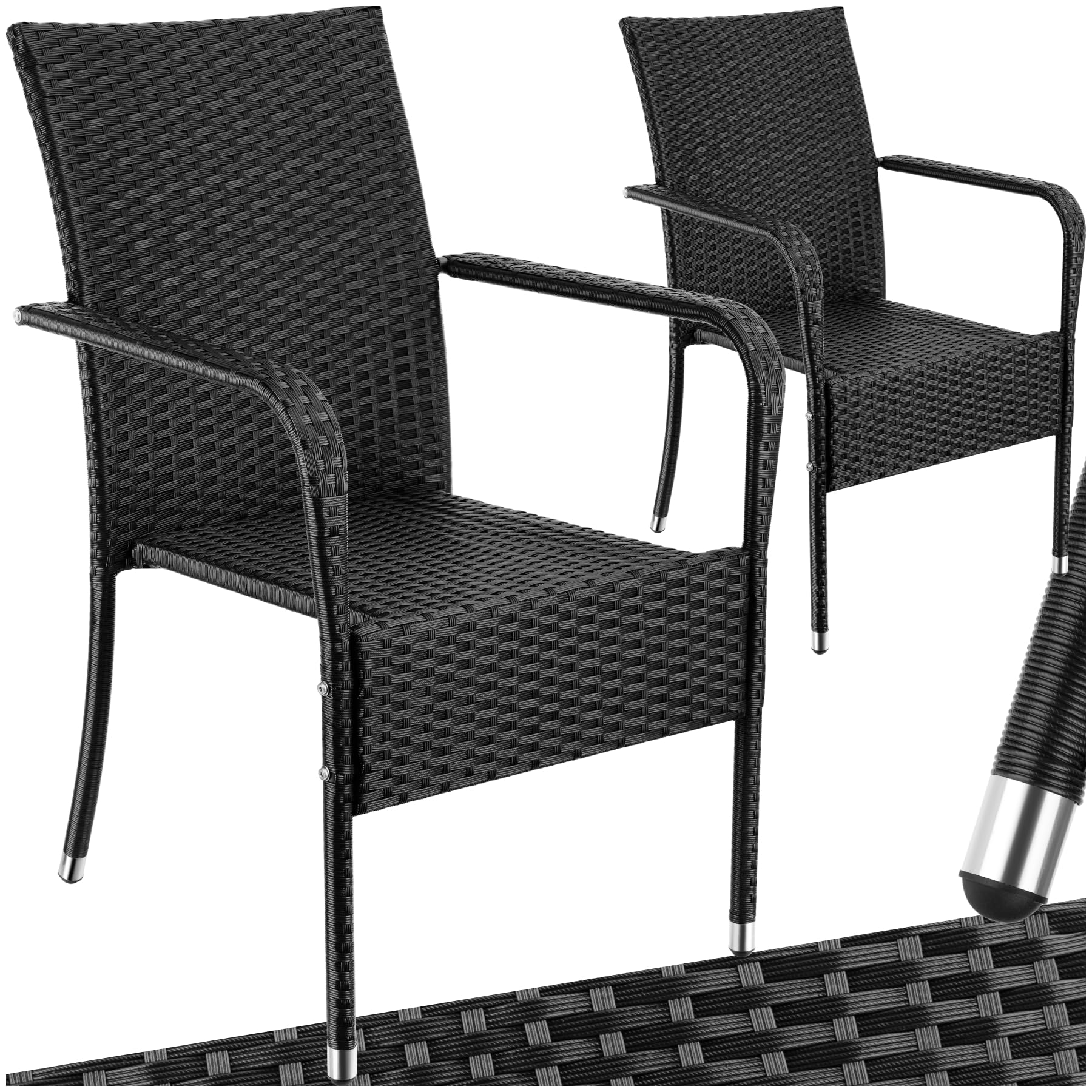 tectake® Set di 2 Sedie in Rattan, Impilabile, Rattan Resistente alle Intemperie, Schienale Alto, Struttura in Acciaio, Set Sedie Sala da Pranzo 2, Comfort e Stabilità per Interni ed Esterni, Nero