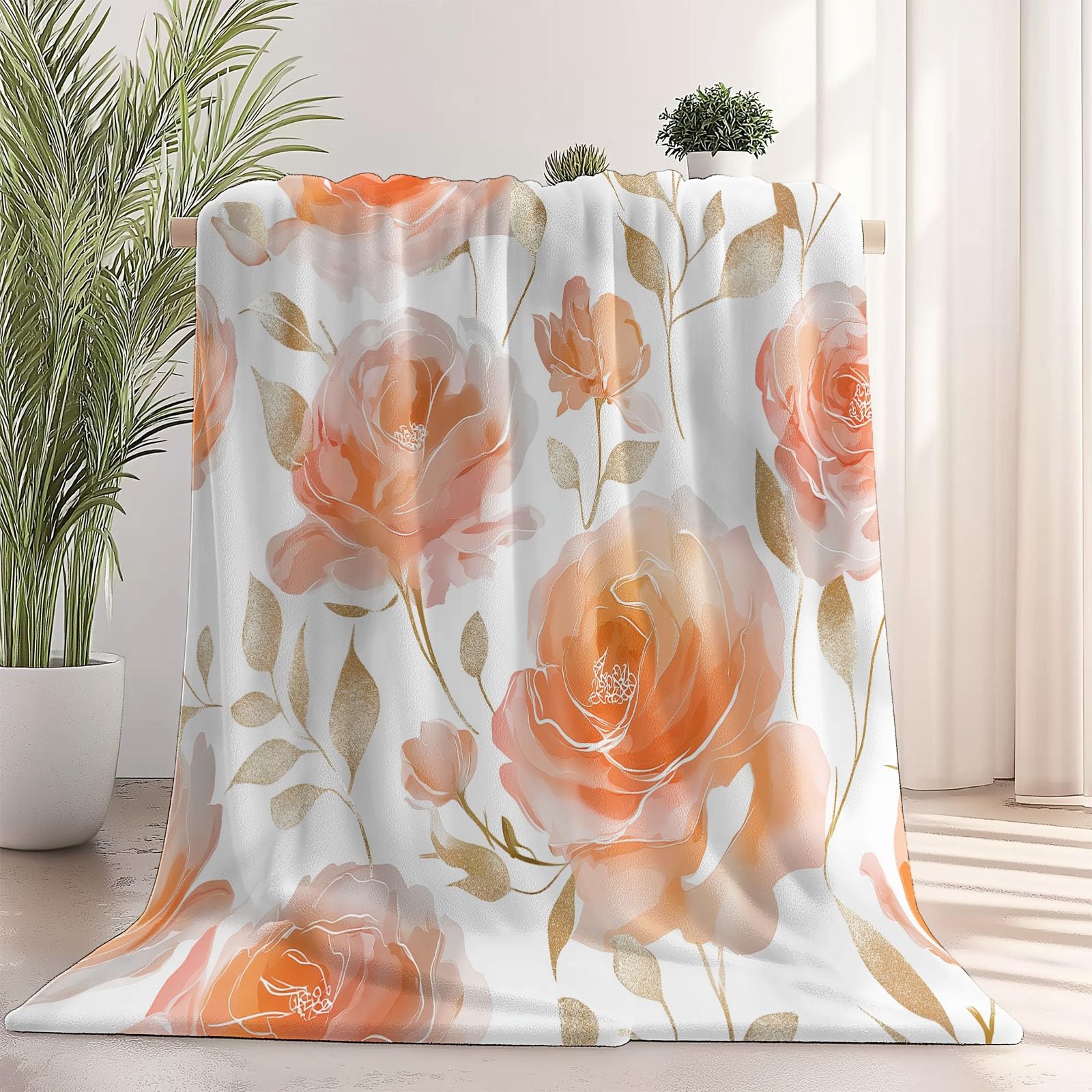 Manta de Franela Blanco, Estampada Acuarela Elegante Rosa Flores, Mantas Ligera para sofá y Cama, Plaid Acogedor para Invierno, Manta Decorativa para salón y Dormitorio 220×240 cm