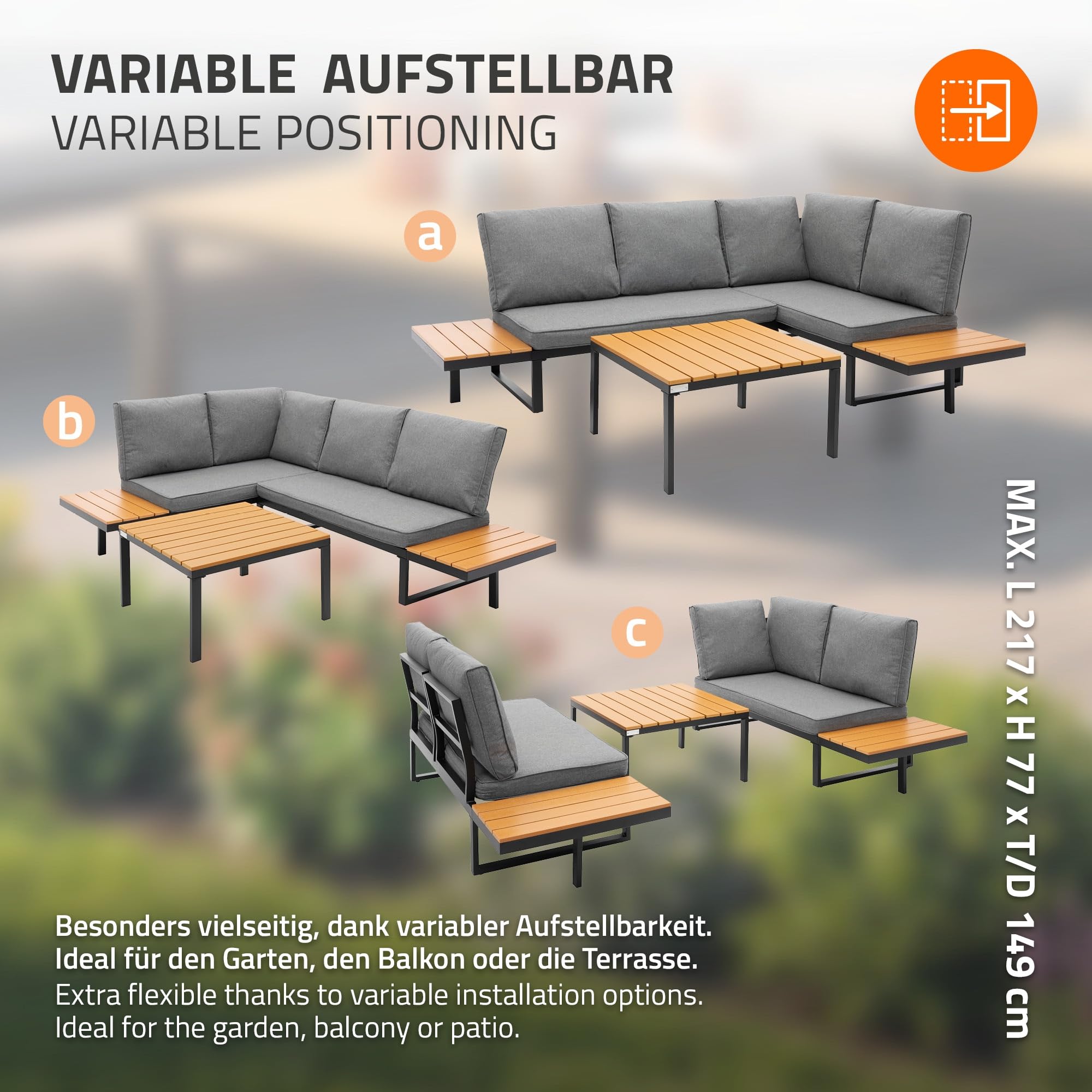 ML-Design Set Mobili da Giardino Grigio Effetto Legno 3 Pezzi con Tavolino e Cuscini, Divano Angolare per Terrazza e Balcone, Sedute Combinabili Resistenti alle Intemperie, Arredo Lounge Esterno