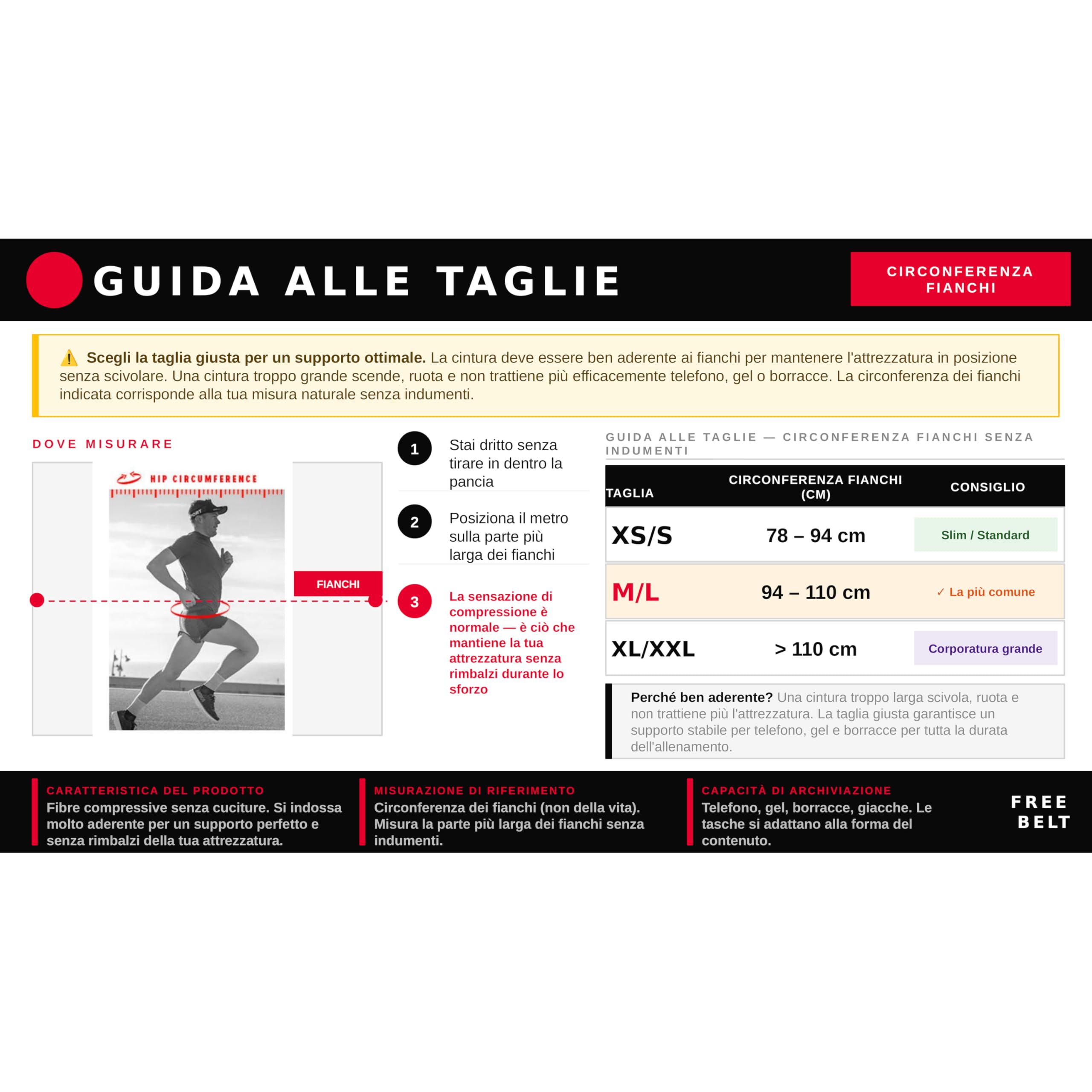 COMPRESSPORT Free Belt Pro Unisex - Cintura da trail - Ergonomica - Ultraleggera - Durata della batteria di 6 ore - Nessuna oscillazione - Ampio scomparto - Nero - M/L