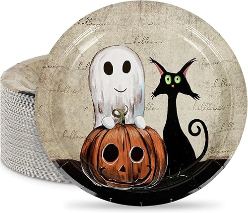 AnyDesign - 24 platos de papel de Halloween de 9 pulgadas, diseño retro de calabaza, fantasma, gato negro, platos desechables, platos decorativos