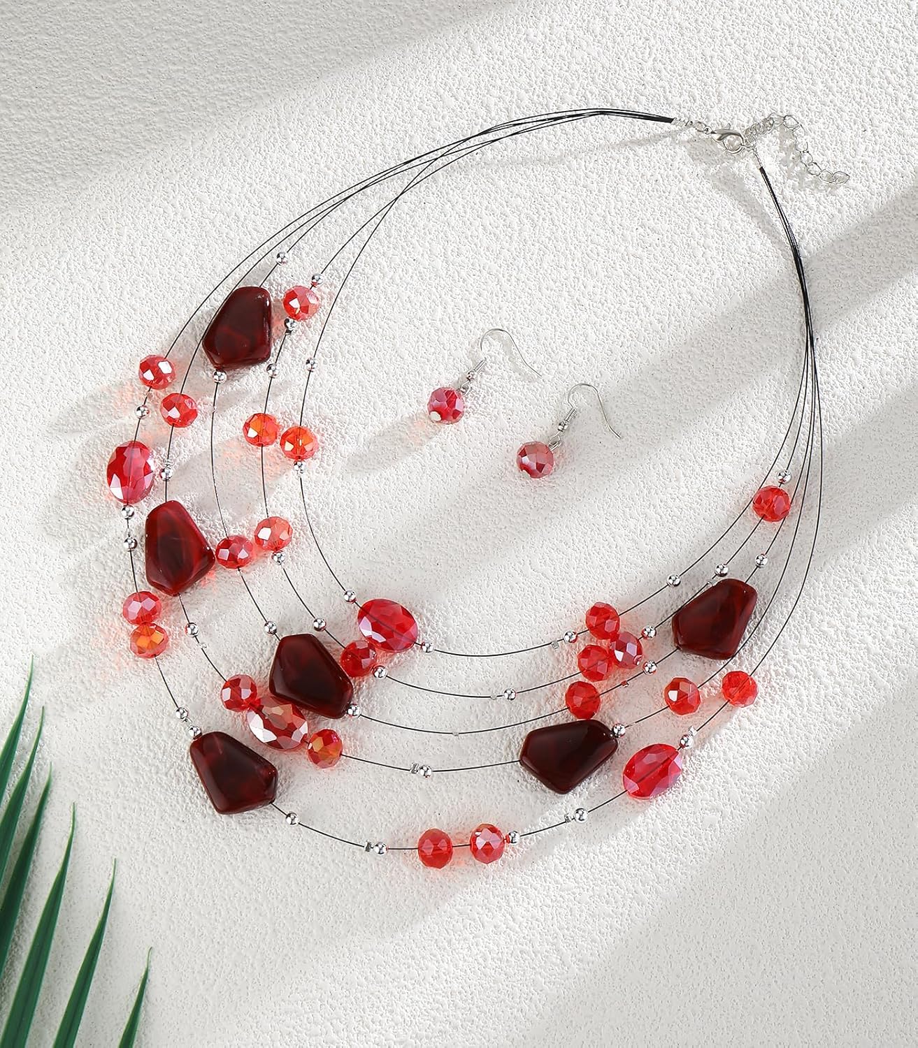 Layered Chunky Beaded Necklace for Women Colorful Multi-Layer Statement Necklace and Earrings Set Gift for Her - Image 2