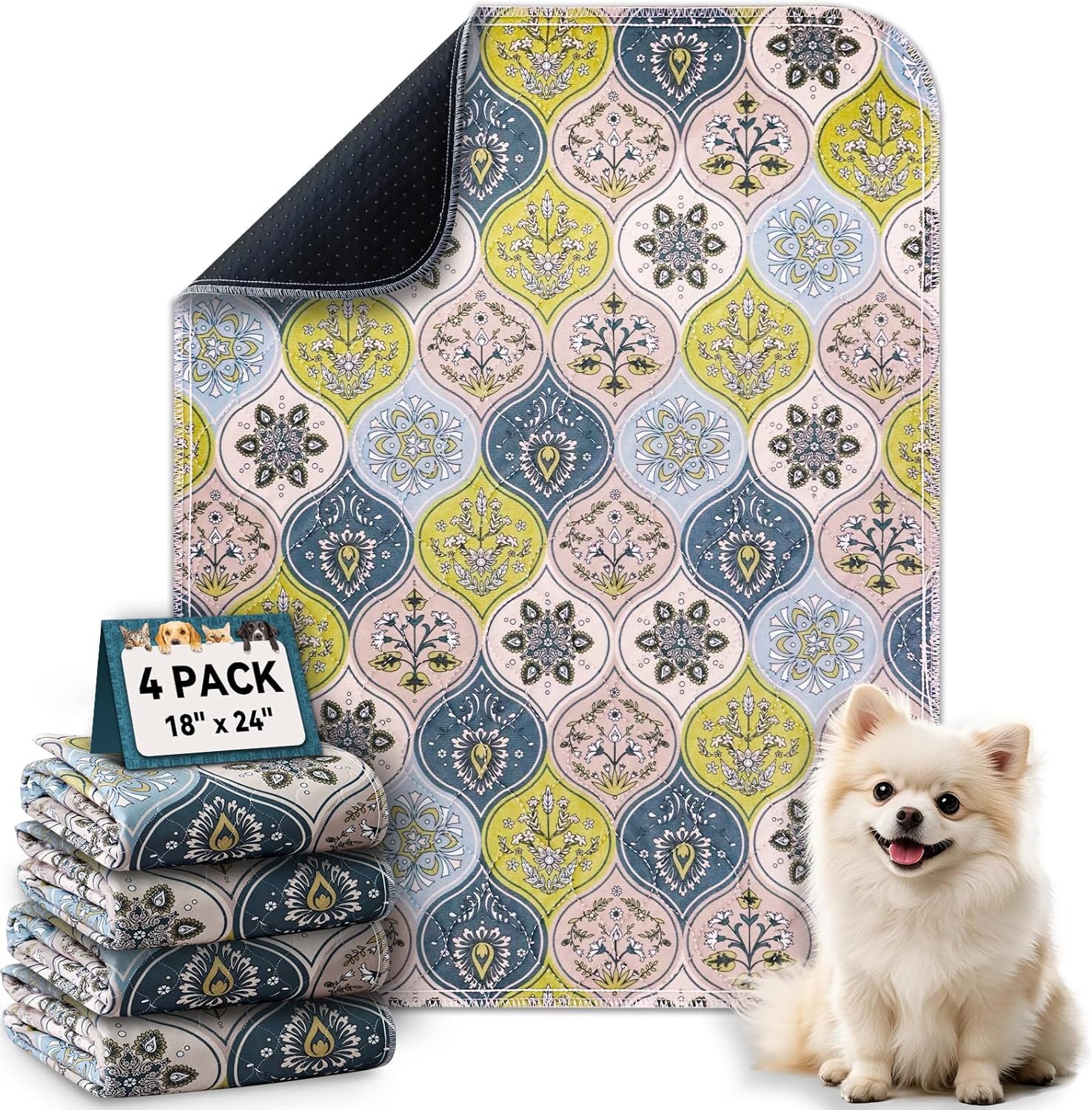 Washable Pee Pads for Dogs, Stylish Absorbent Reusable Training Dog Pads, Non-Slip and Leak-Proof Puppy Pads, Potty Pads for Crates, Whelping, Playpen, Bed and Floors, Cream/Multi 4 Pack 18" x24"