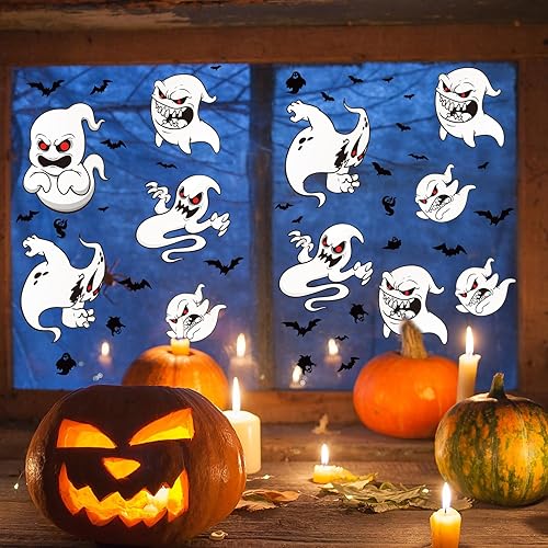Miniatura 9 de Whaline 9 hojas de Halloween con diseño de gato negro para ventana, silueta espeluznante, calcomanías decorativas de ventana de doble cara,