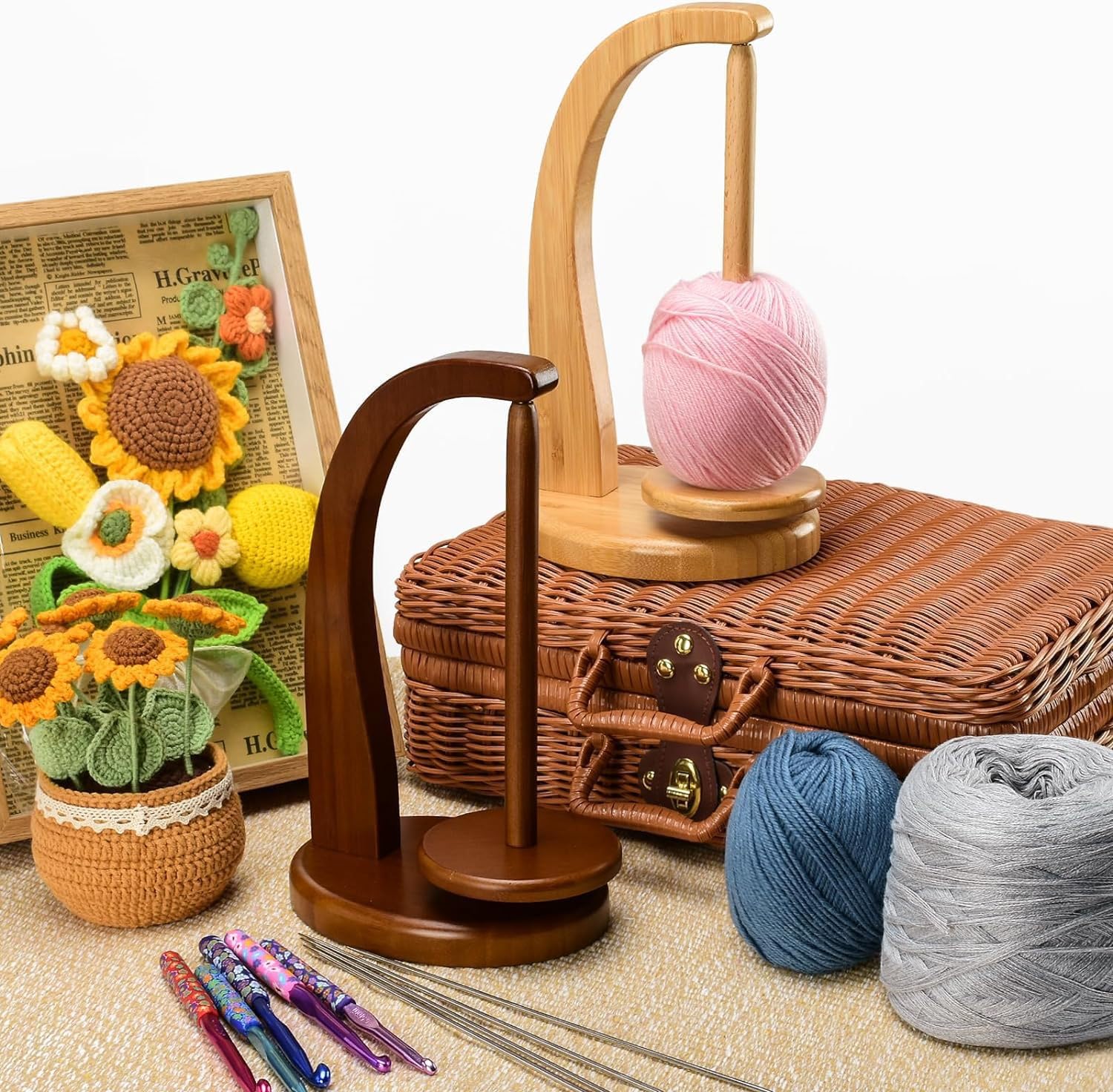 Bobinadora de Lana, bobinadora de Hilo Giratorio, Soporte magnético para Carrete de Hilo, para Accesorios de Tejido, Regalos, bobinadora de Hilo, Soporte para Carrete de Hilo (Madera)