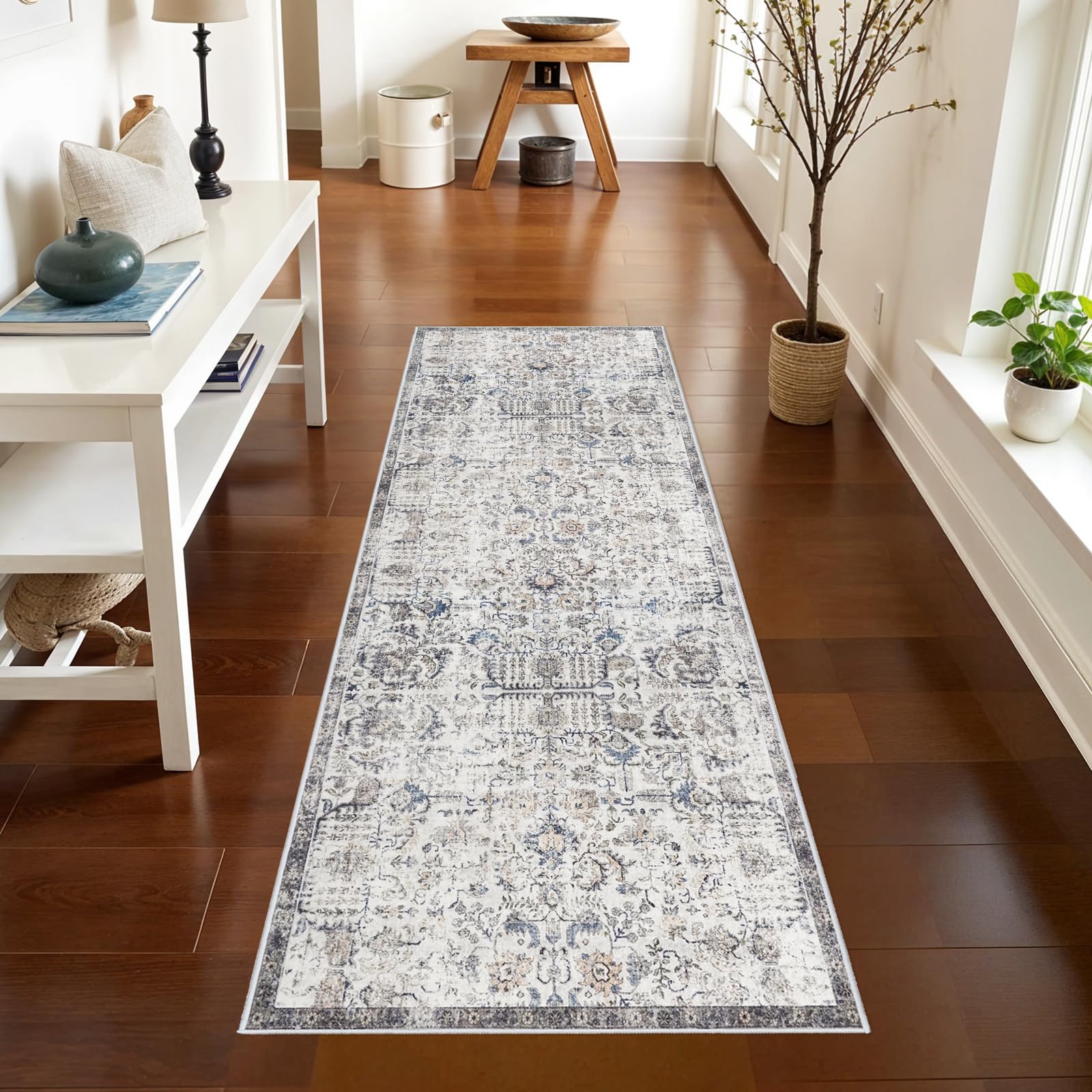 2x6 Washable Hallway Runner Rug - Vintage Kitchen Rugs with Non Slip Backing Low Pile Stain Resistant Entryway Bedroom Carpet Indoor Home Decor Floor
