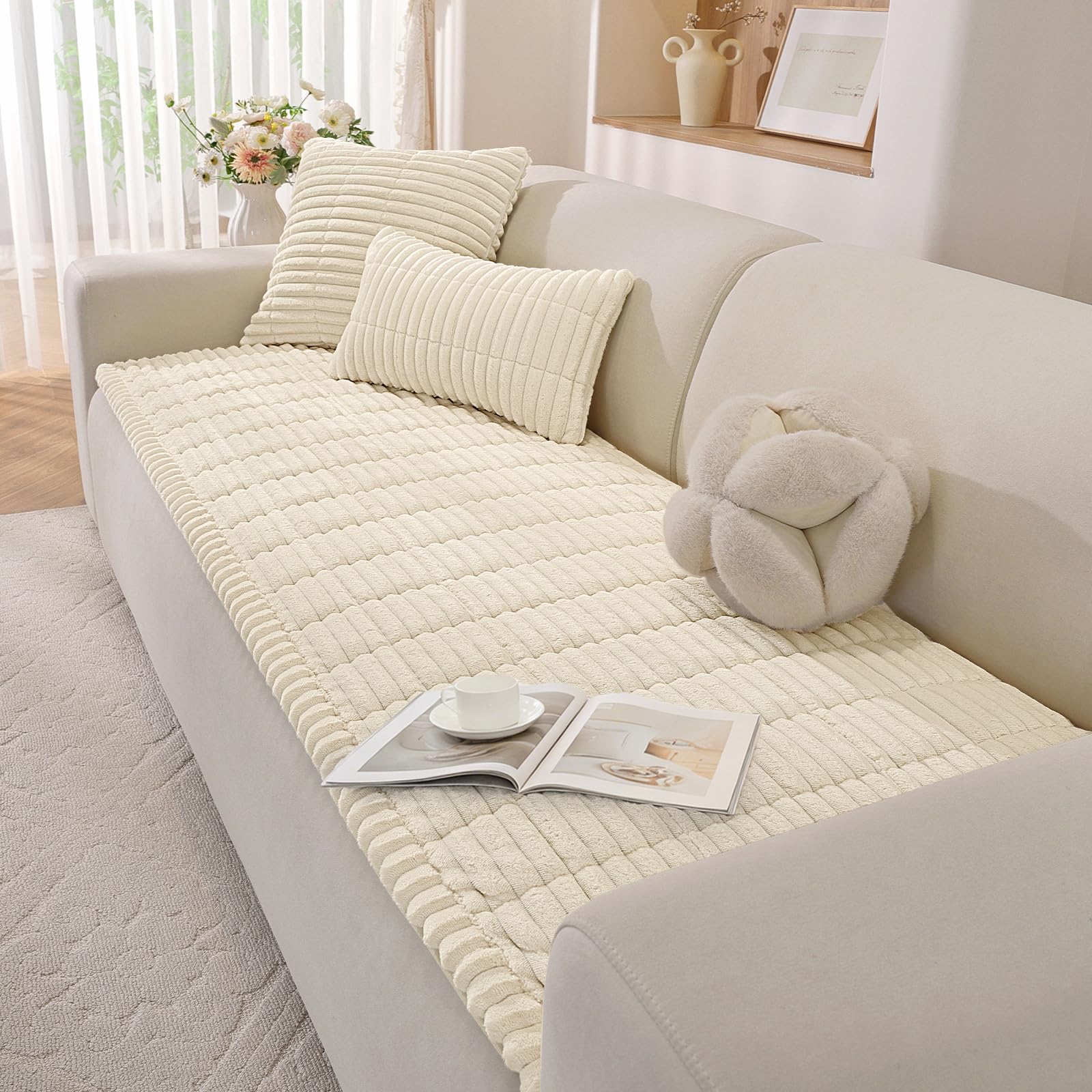 XINEAGE Thick Sofa Covers Washable, Soft Flannel Sofa Cover 2 3 4 Seater, Fuzzy Sofa Slipcovers Non-Slip, Couch Seat Covers Furniture Protctors for Dogs, Pets (70x210cm, Beige)