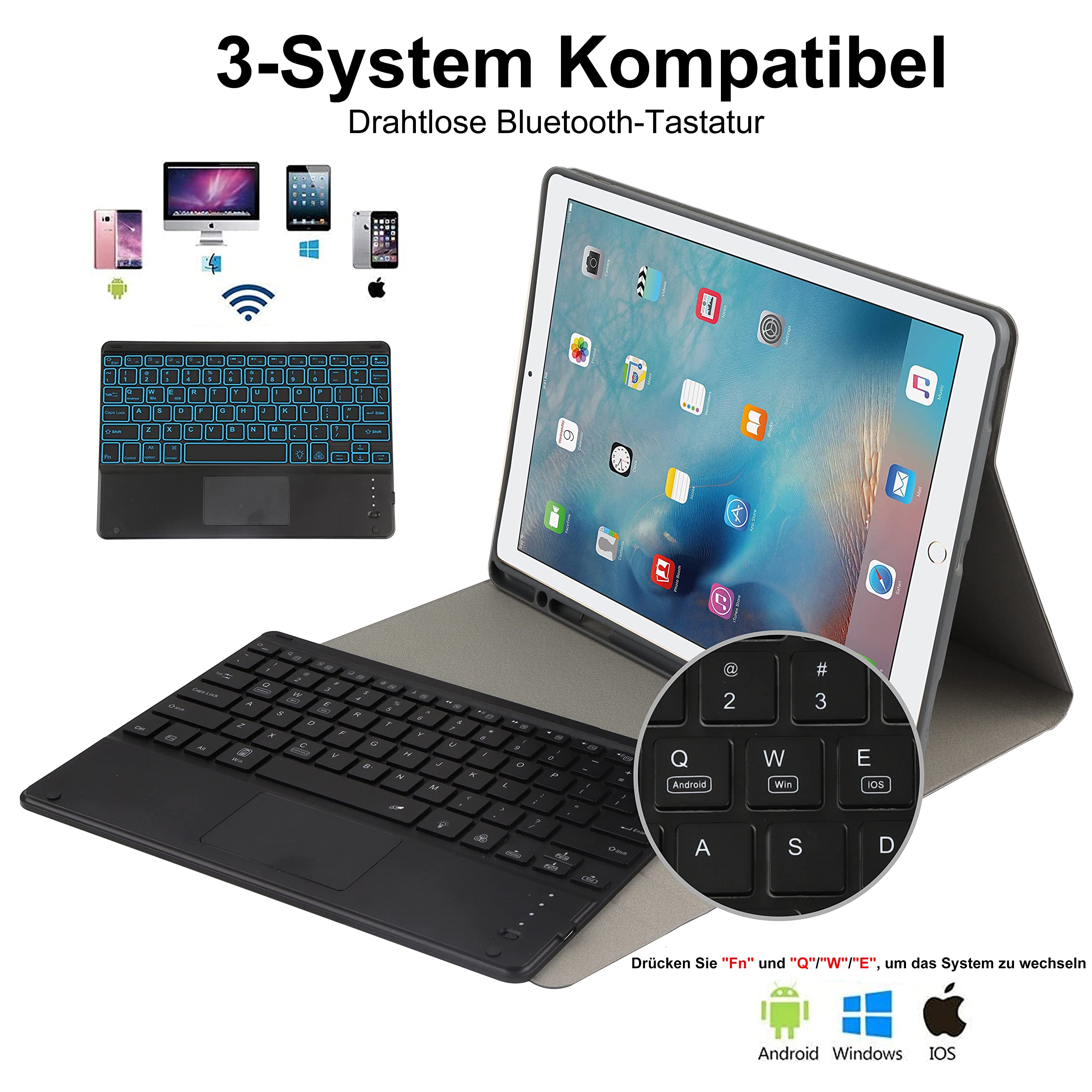 Etui na klawiaturę do iPad Pro 12.9 2015/2017 (1./2. generacji), układ angielski i niemiecki, 7-kolorowa klawiatura z podświetleniem i touchpad, skórzane etui z uchwytem na długopis, czarne