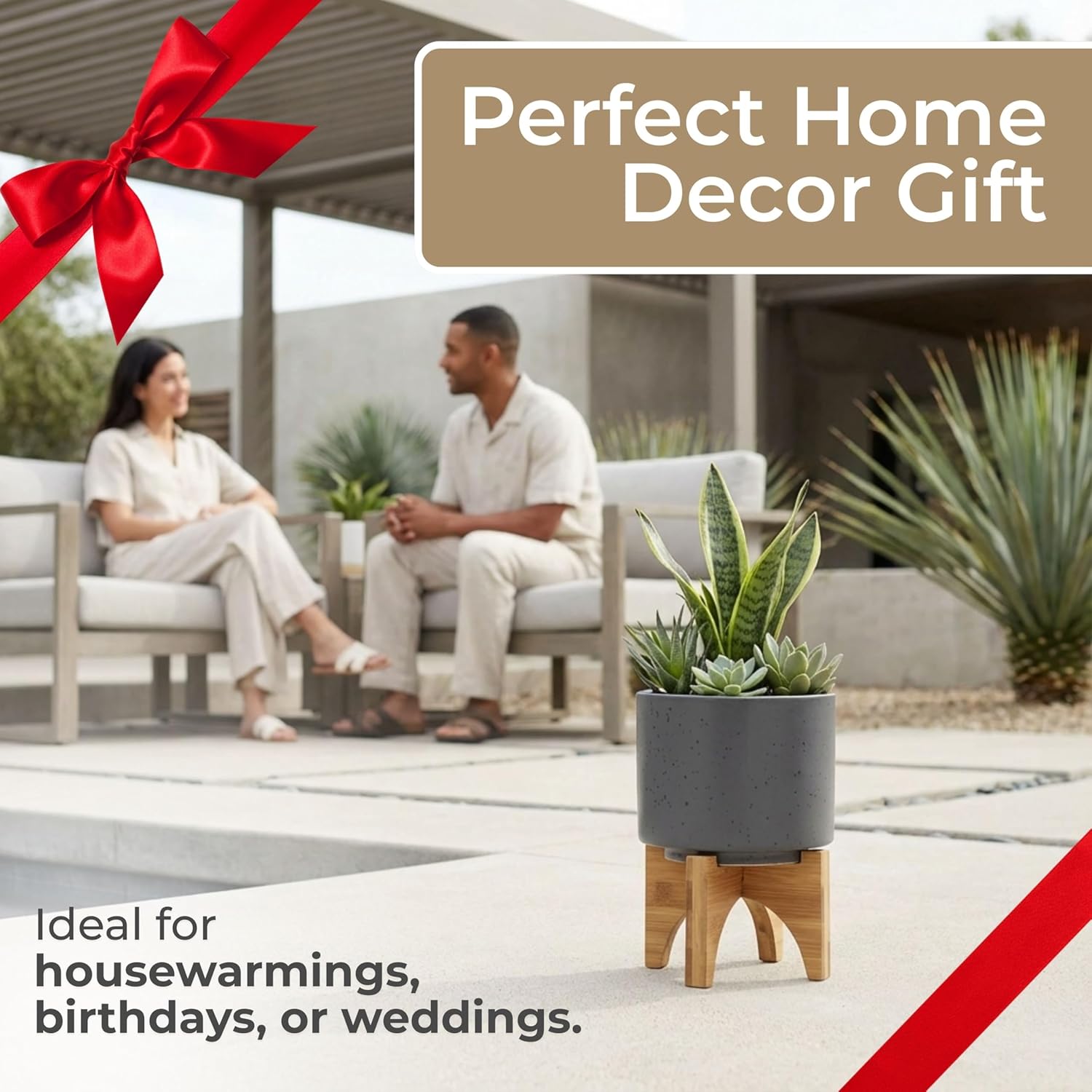 Ceramic Planter With Stand Indoor Plant Stand – Elevated Plant Stand For Displaying Greenery, Living Room, Bedroom, Office, Or Patio, Minimalist Garden Accent For Home Decor – 7", Gray