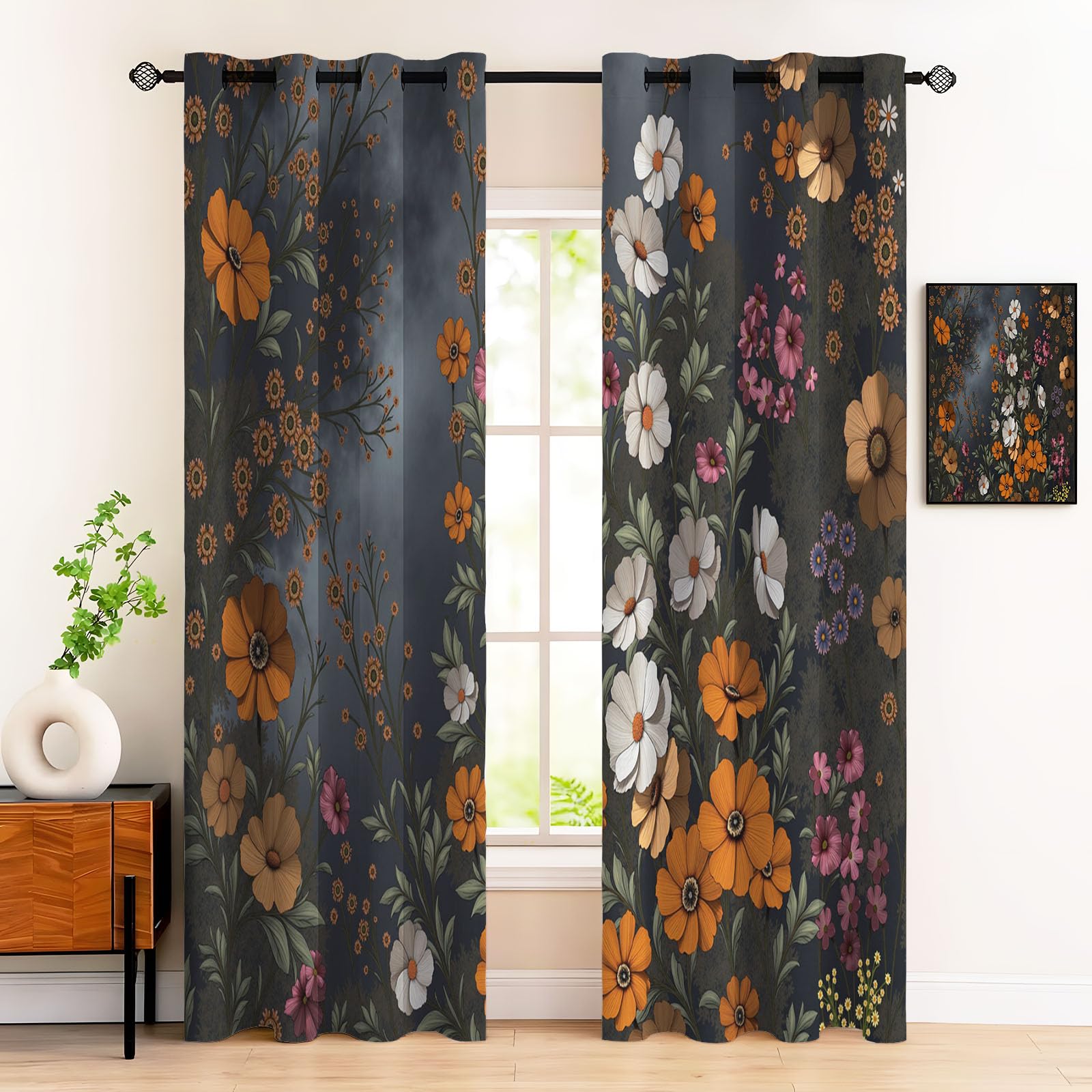 Rideau occultant orange à oeillets fleurs sauvages 140x160cm lot de 2