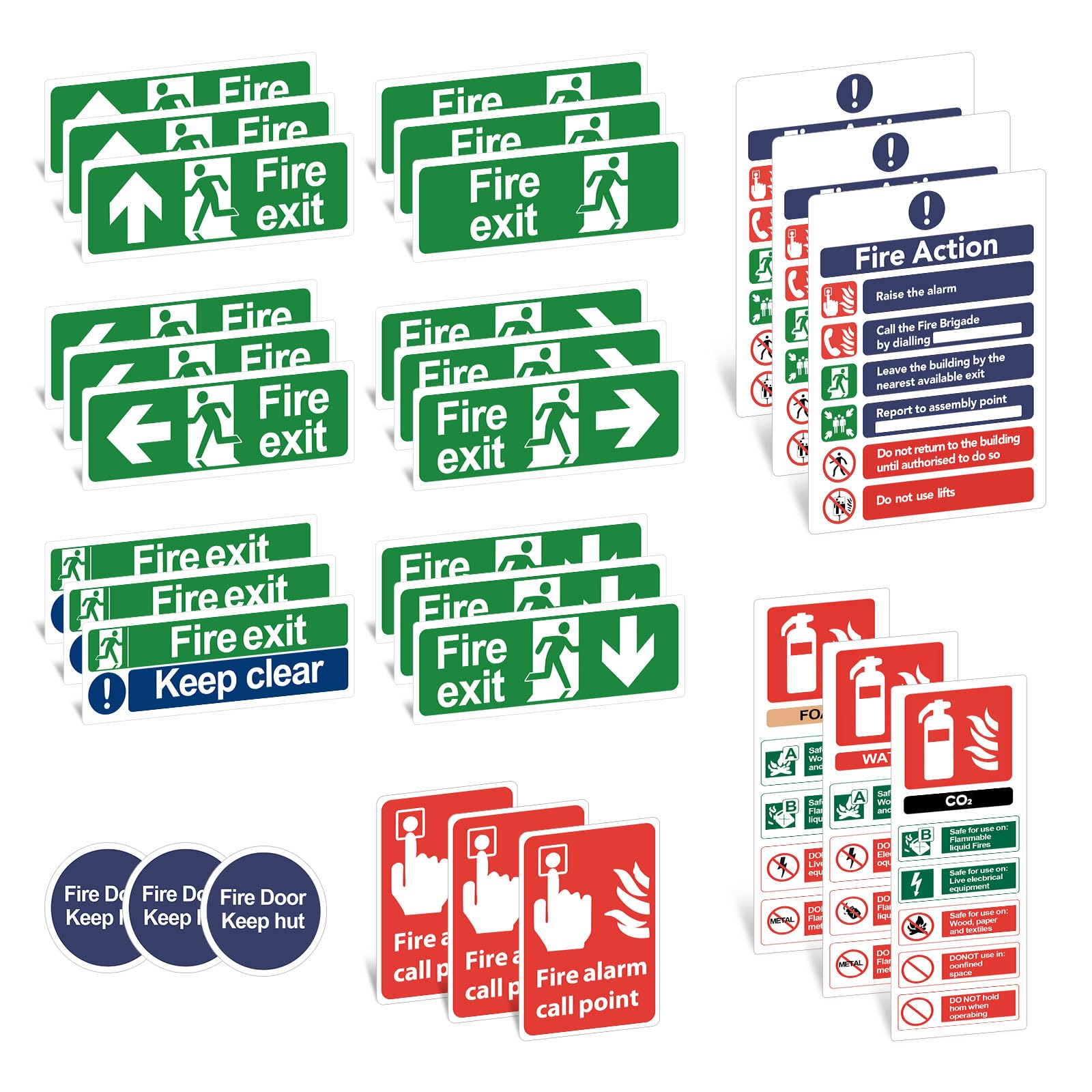 Gyism 30pcs Fire Exit Sign Kit with (RIGHT, LEFT, UP, DOWN ARROW) Fire Action, Exit Keep Clear, Door Keep Shut, Extinguisher Stickers, Fire Exit Signs Self Adhesive (30PCS)