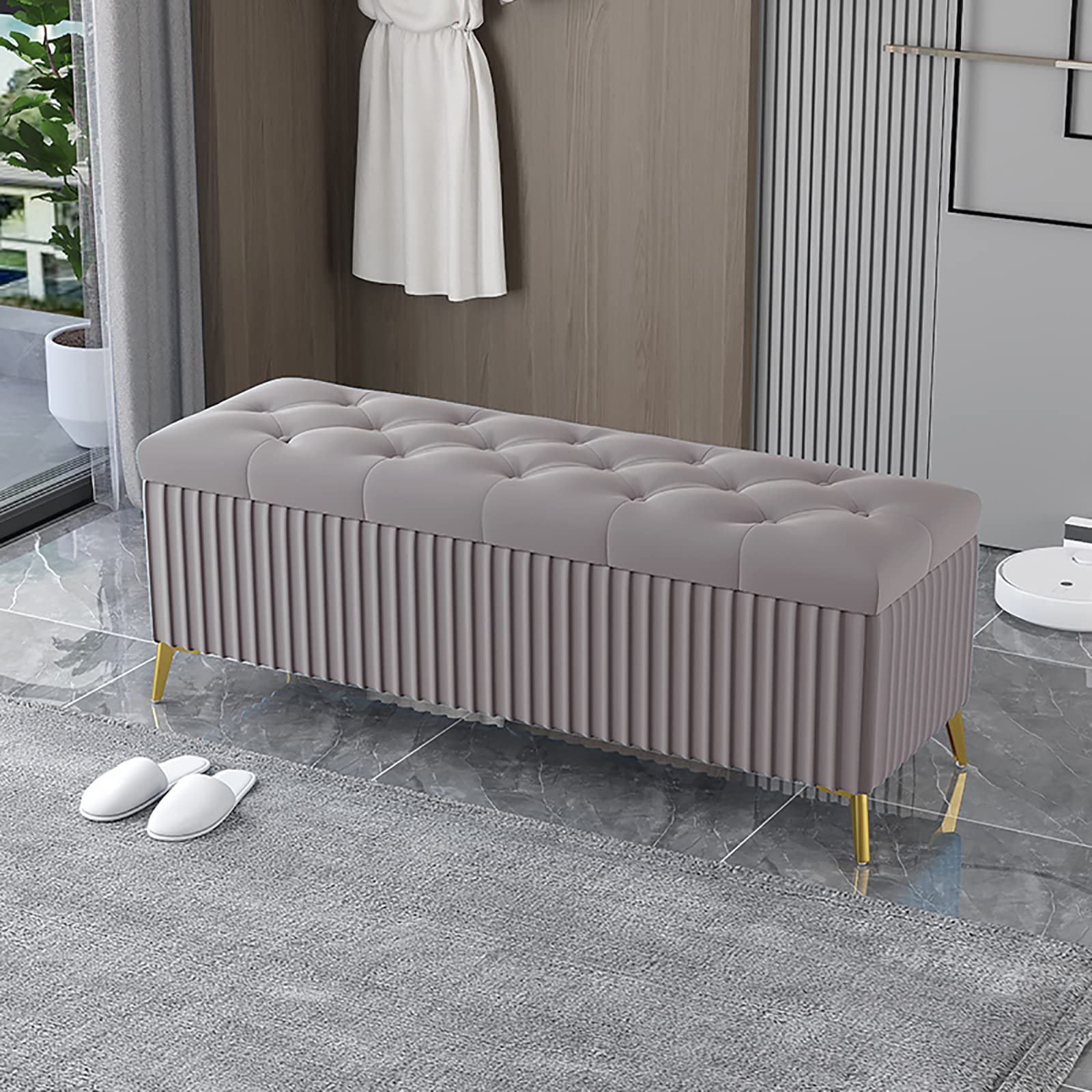 Pouf velours gris rectonculaire capitonné double fonction assise et coffre