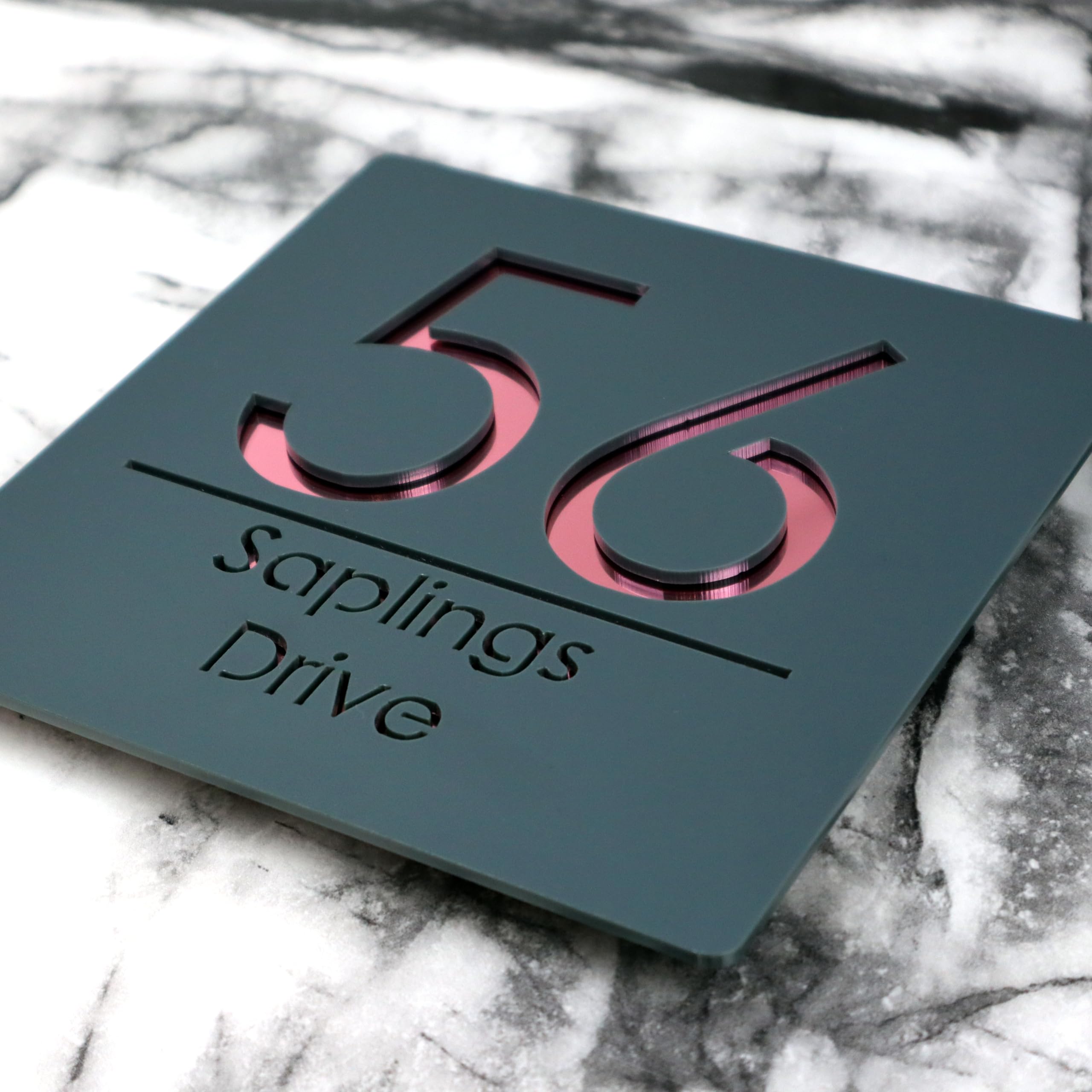 K Smart Sign | Bellissima S1 F31 | 180mm x 180mm | Acrylic 3d Laser Cut Contemporary house sign door number plaque address signs with Mirror and Marble Numbers (Matt Gray & Rose Gold Mirror)