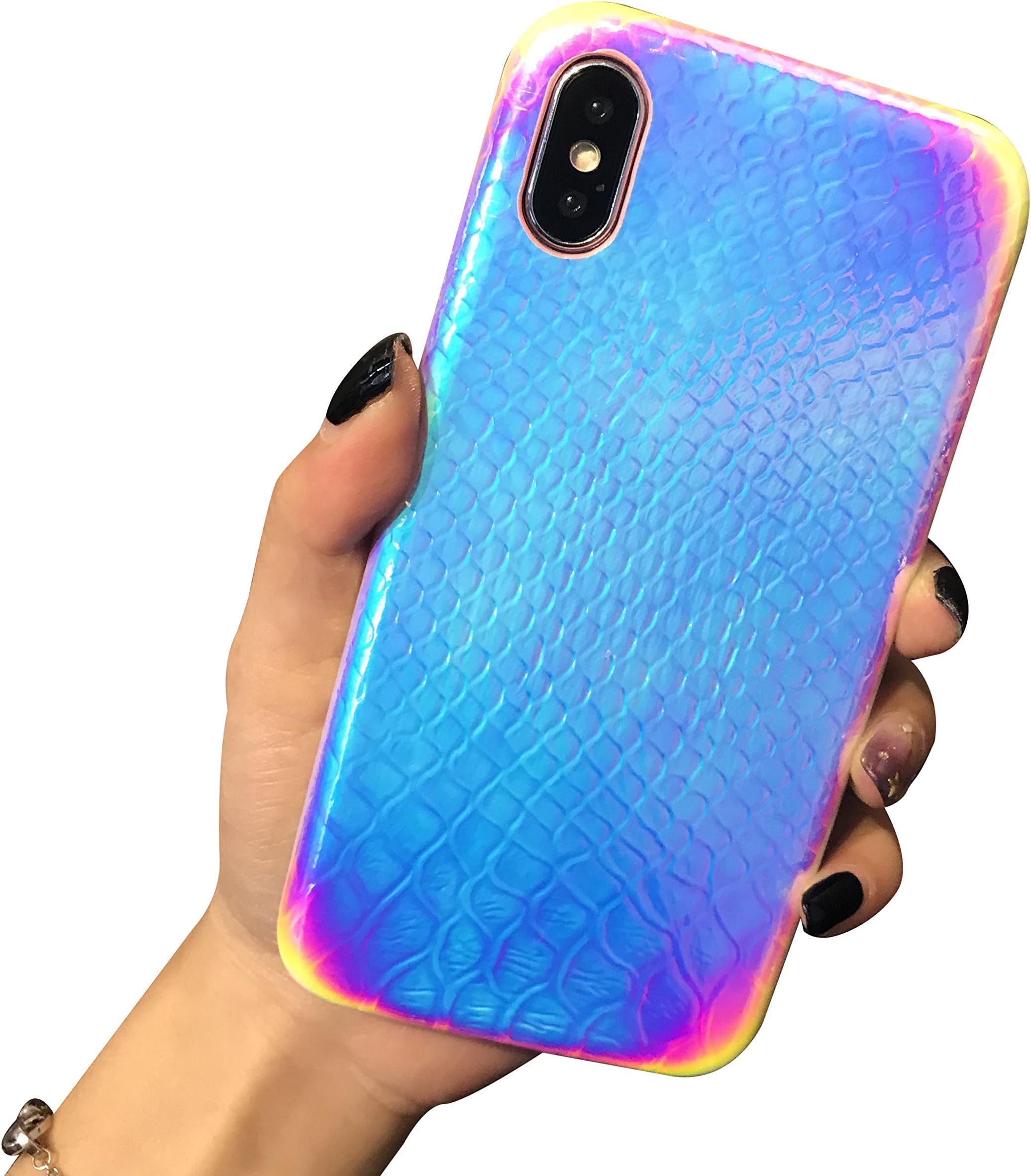 Holographic Mermaid iPhone Xs Case, iPhone X case, Easeu [Super Slim] [Gorgeous] Iridescent Back Cover [Color Changing] Crocodile Pattern Reflective Rainbow Case for iPhone Xs/iPhone X 5.8"