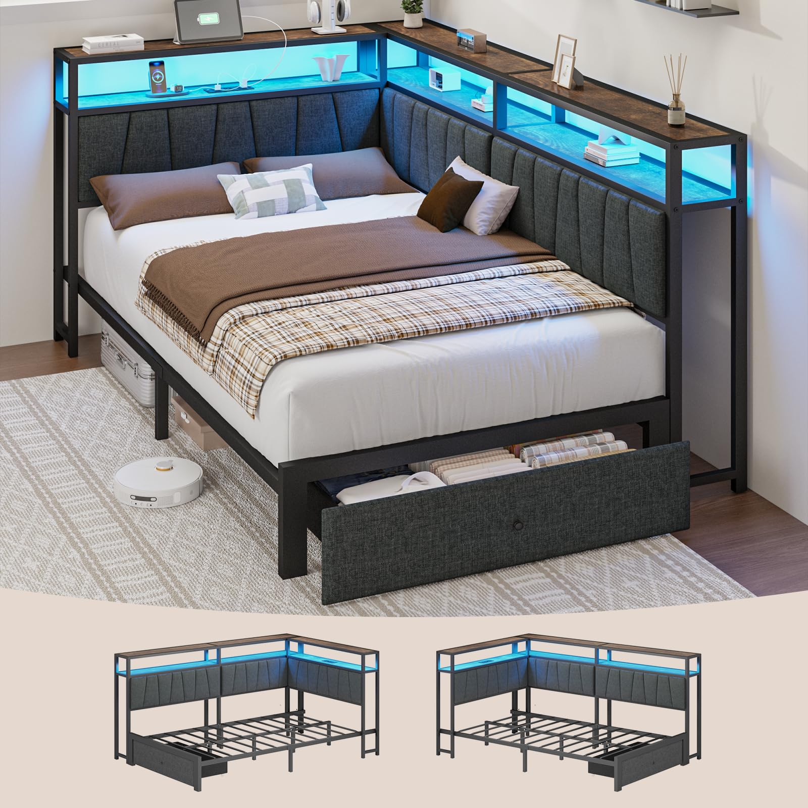 OtevehdeTwin Corner Bed Frame with Storage Drawers, Modern Daybed with LED Lights and Charging Station, Metal Twin Platform Bed Frame with Linen
