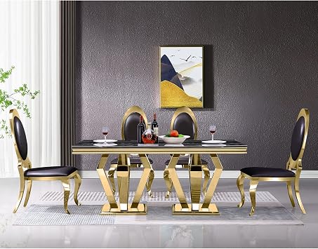 ACEDECOR Luxurious Black and Gold Dining Table Set for 4, Stainless Steel Dining Room Table Set with 4 Gold Chairs, Metal Frame Furniture Dining Table Set 5 Pieces