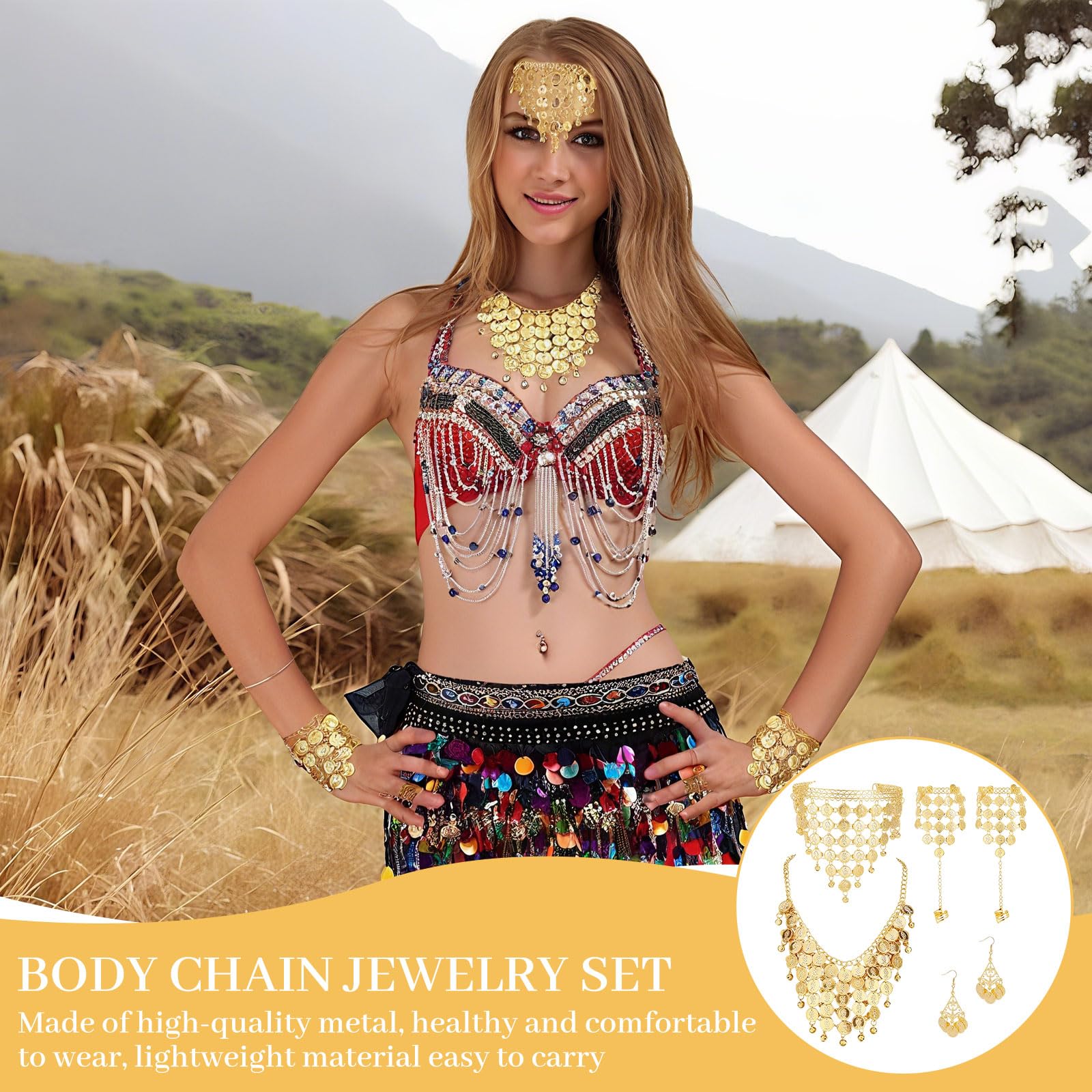 6 Pezzi Accessori per la Danza del Ventre, Set di Gioielli Placcati in Oro, Orecchini a Goccia con Moneta Bohemien, da Donna, per Halloween