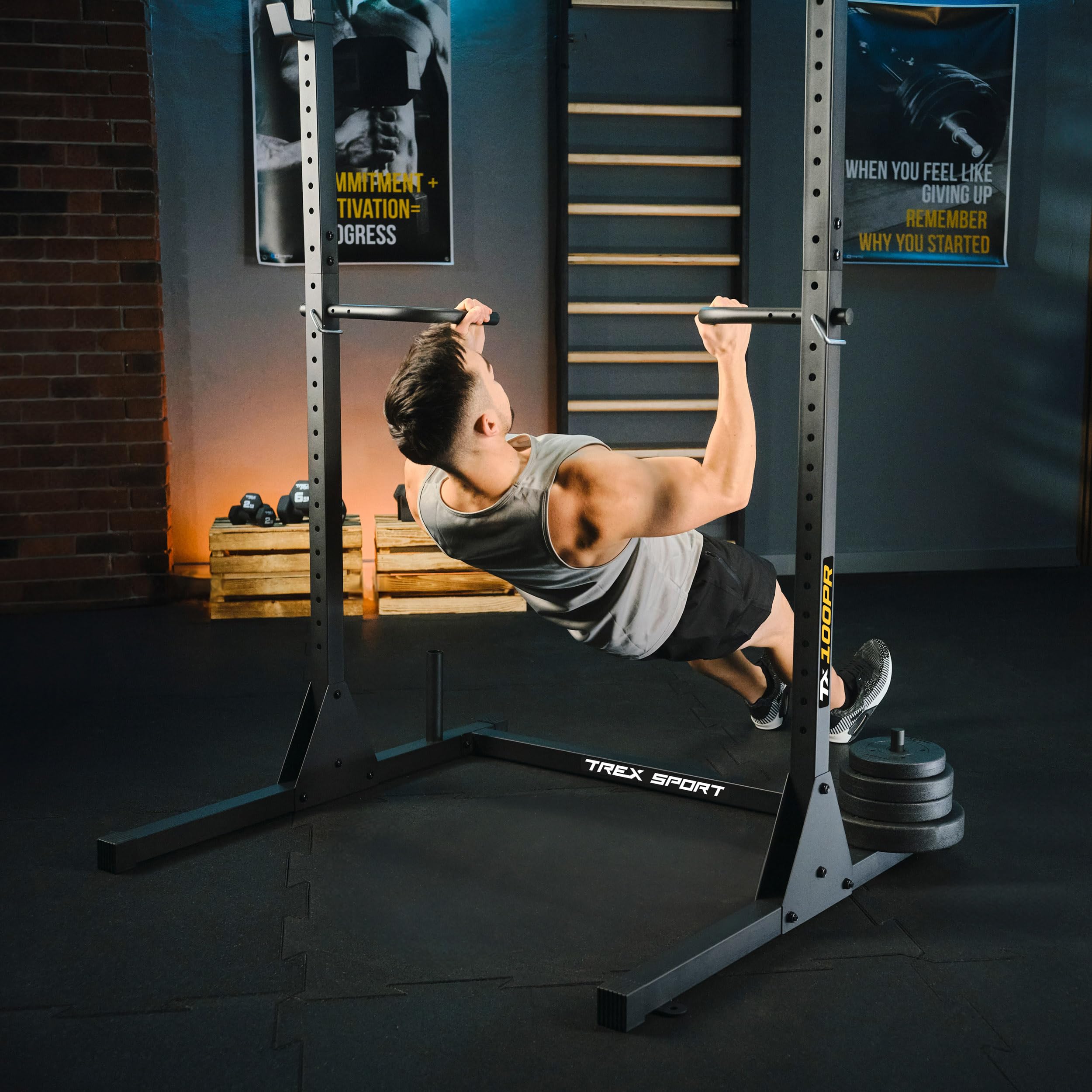 TREX SPORT Power Tower Dip Station freistehend Kraftturm bis 300kg TX-100PR | Multifunktionale Klimmzugstange aus Stahl, mit Langhantelablagen, Schwarz