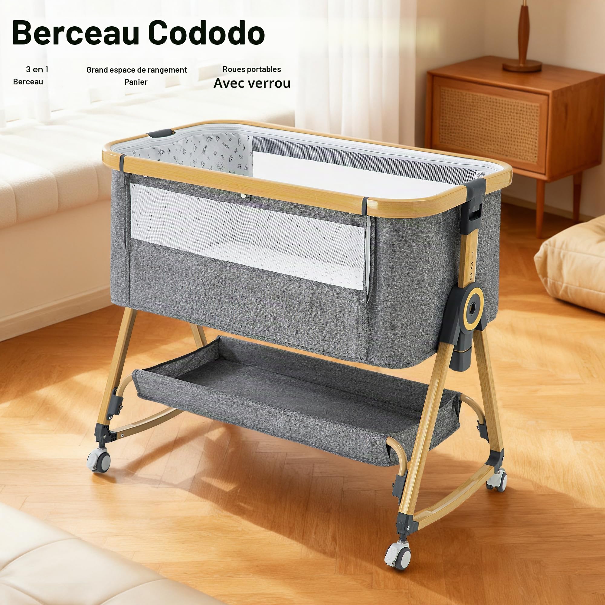 YAZOCO Berceau Bébé 3 en 1 Lit Cododo avec Matelas, Hauteur Réglable 6 Niveaux, Inclinaison 5° Scientifique, Panier Rangement Gris