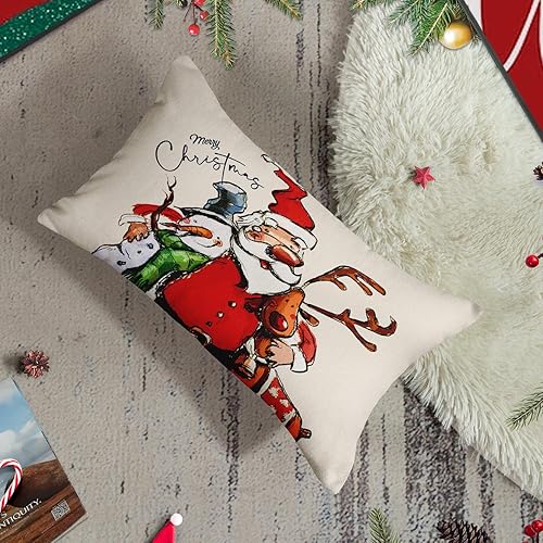 Miniatura 7 de Funda de almohada de Navidad, decoración de Navidad, con lazo de Feliz Navidad, funda de almohada lumbar de lino, decoración para el hogar, 12 x 20