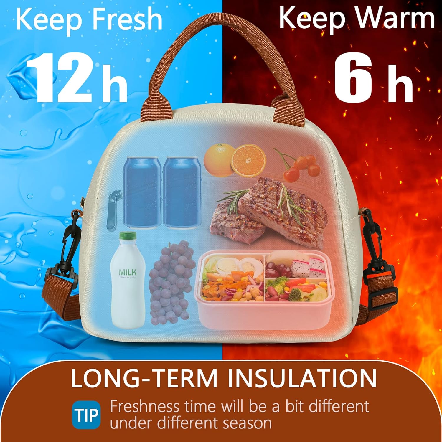 Insulated Lunch Bag For Women, Men Waterproof Cooler Bag Lunch Box For Women Portable Reusable Two-Tone,With Adjustable Straps Can Be Used For Work,White and Brown - Image 3