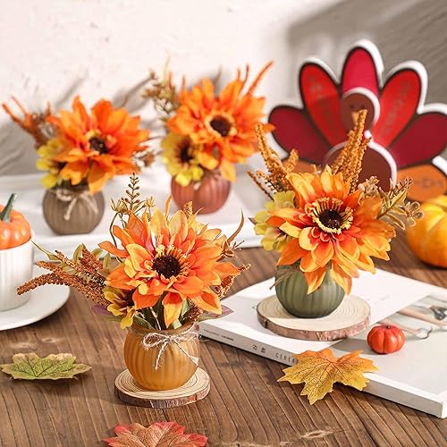 Miniatura 6 de 4 piezas de decoración de bandeja escalonada de otoño de Acción de Gracias, mini tazas de calabaza con girasol artificial, juego de decoración de