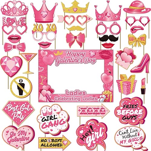 35 Pcs Galentines Photo Booth Props with Photo Frame, Galentines