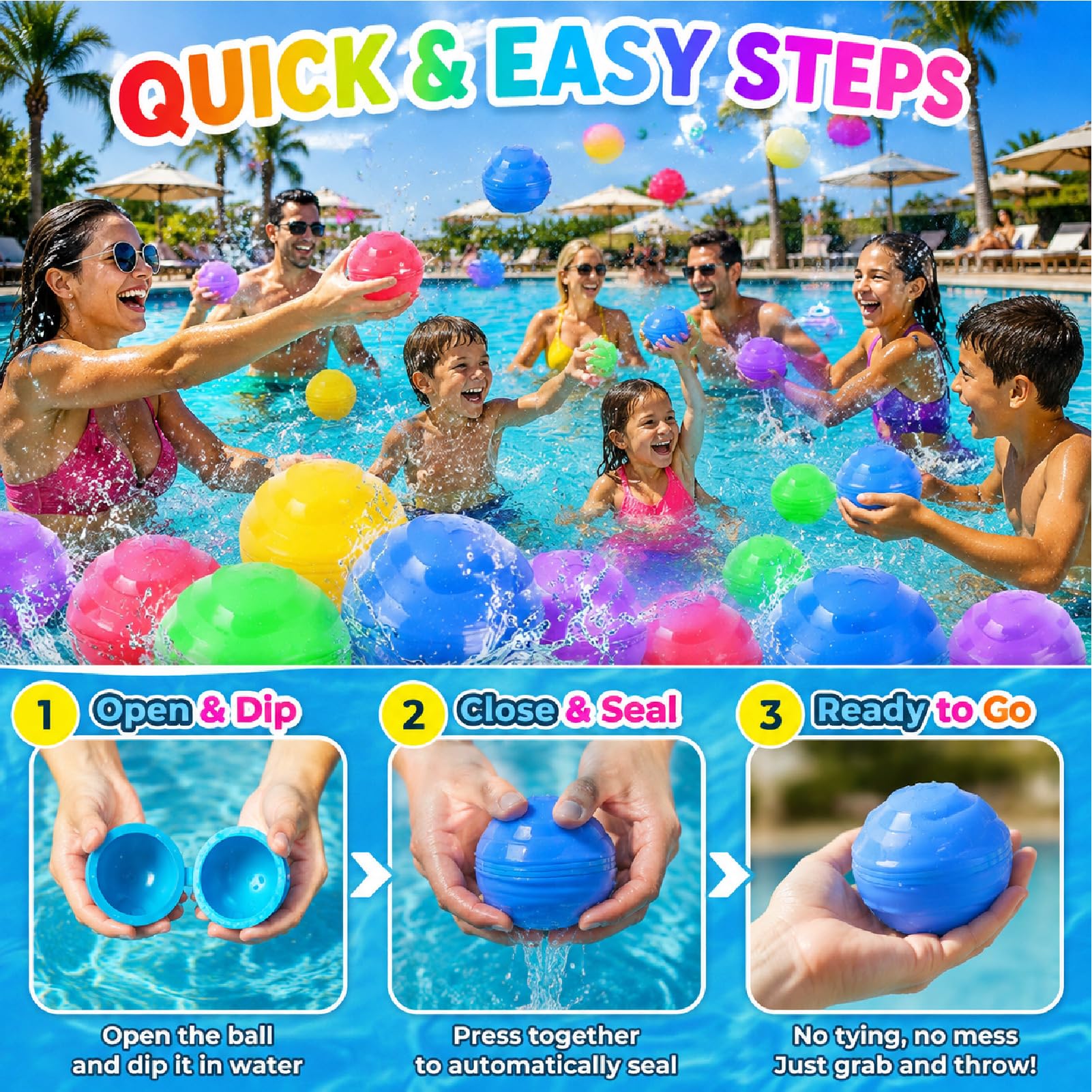 Magnetische Wasserbomben Wiederverwendbar, 10er Set | 10 Sek. Schnellbefüllung, Selbstschließend ohne Knoten, Weiches kinderfreundliches Silikon, Für Pool, Strand und Garten