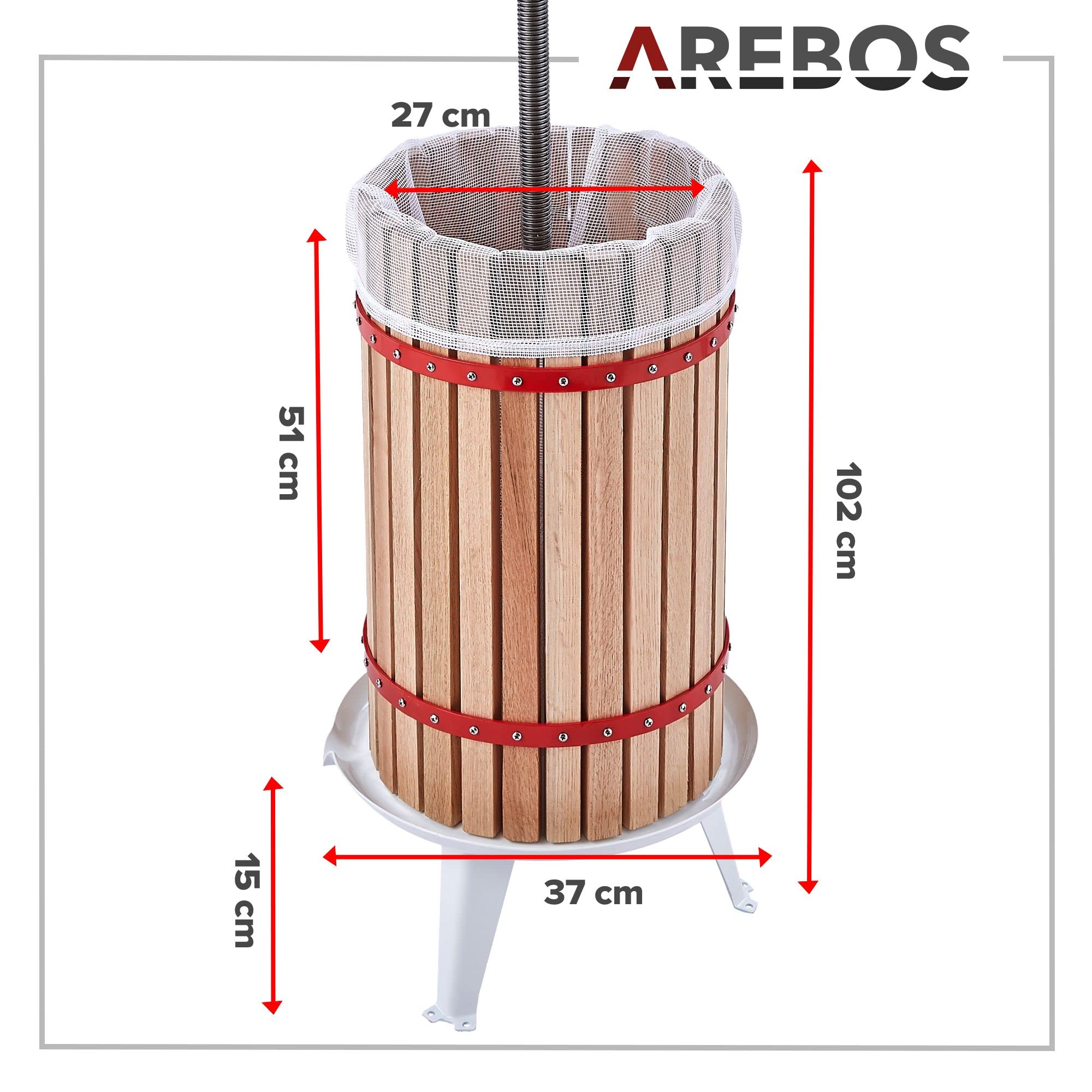 Arebos Obstpresse 30L | Manuelle Saftpresse I Beerenpresse inkl. Presstuch, Druckplatte und Metallspindel I Für jegliche Arten von Saft & Gemüse