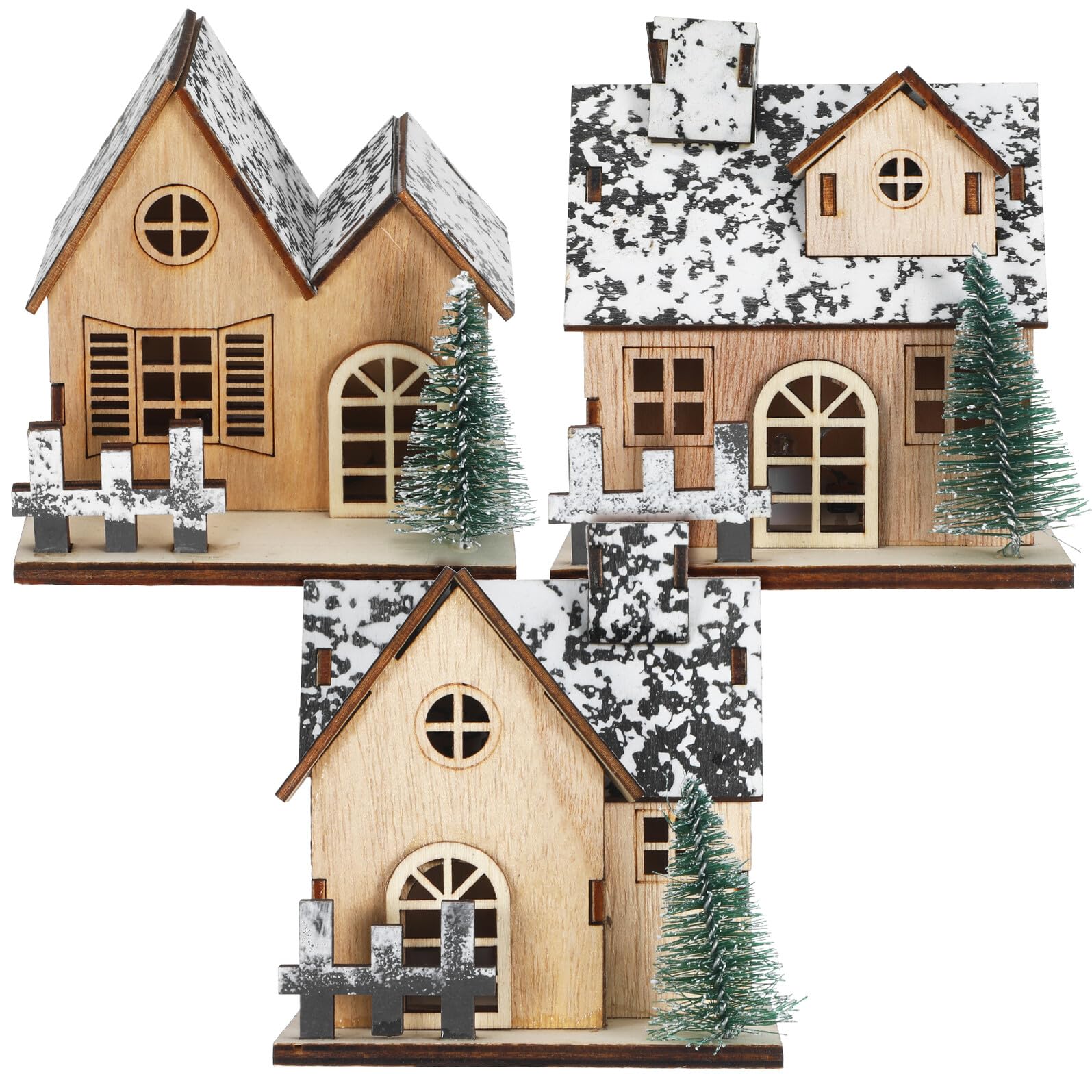 HEMOTON 3pezzi Casetta di Legno Natalizia Illuminata LED Mini Case di Natale in Legno Villaggio di Case di Natale Luci per Decorazioni Invernali