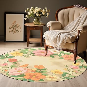 Floral Round Rugs 2ft, Boho Round Living Room Area Rug, Washable Large Soft Circle Carpet, Bedroom Non Slip Ultra Thin Floor Carpet, for Boy Girl Room Dining Room Playroom/Yellow