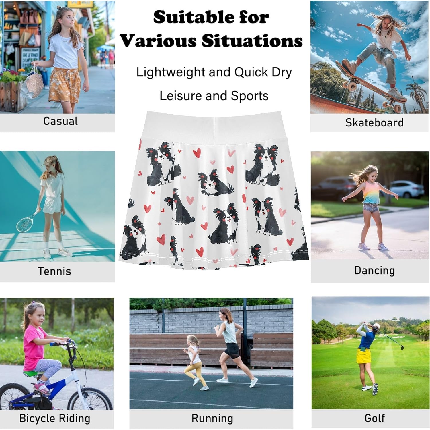 visesunny Heart Border Collie Girl's Golf Skirt Athletic Tennis Skort Sport Activewear with Double Layer Pockets