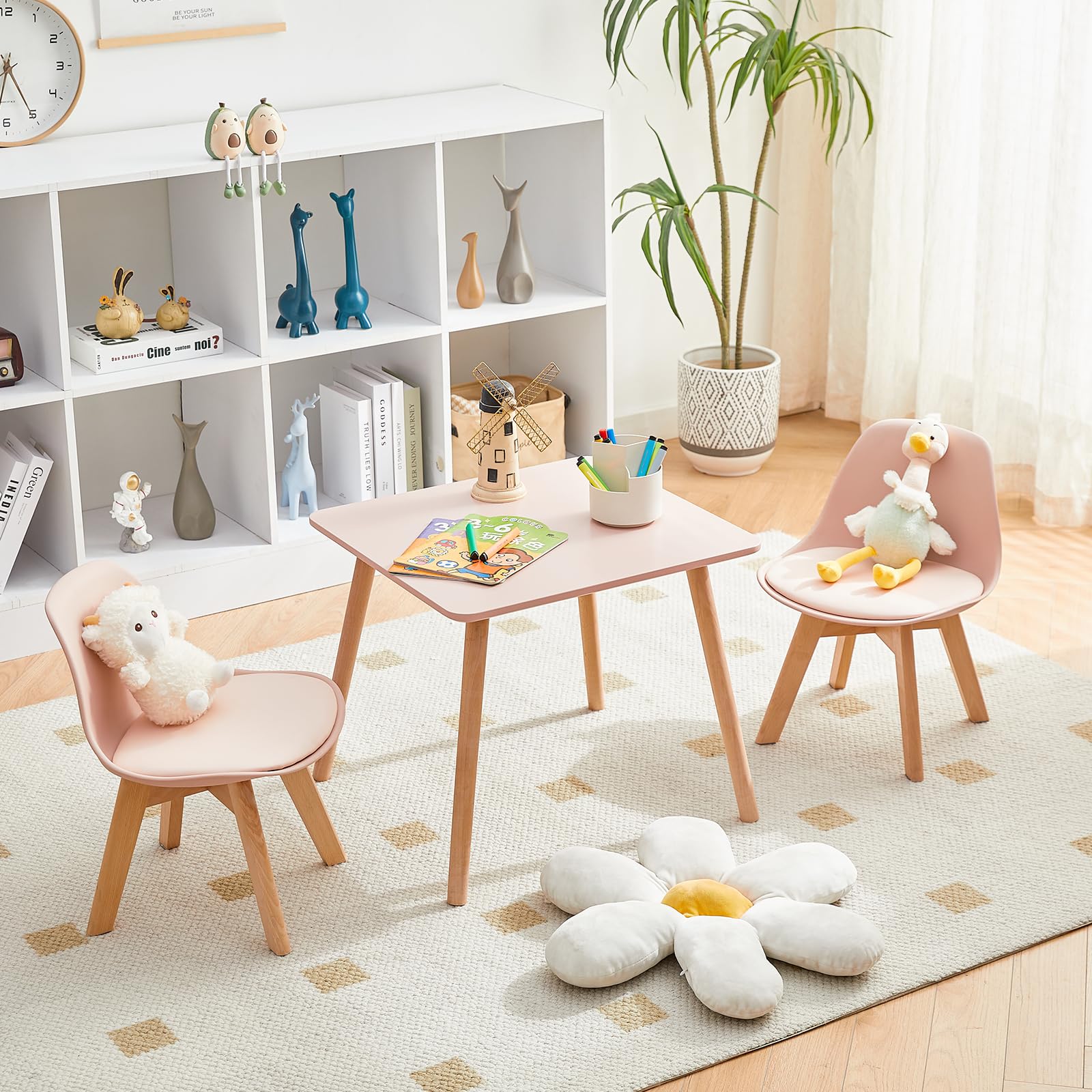 EGGREE Kindertisch mit 2 Stühlen, Kindersitzgruppe, aus FSC nachhaltigem massivem Buchenholz, SGS getestet, 1 bis 6 Jahre Kinder, Kindermöbel für Kinderzimmer, Kindergärten,rosa
