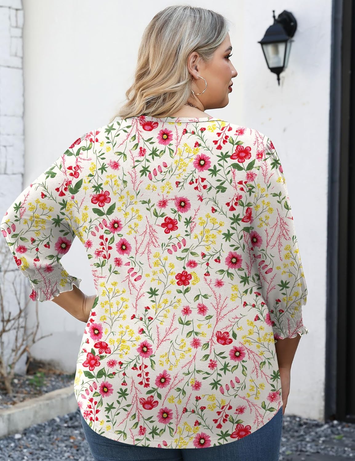 LOMON Womens Plus Size Tops 3/4 Length Sleeve Womens Tops Casual V Neck Loose Fit Blouses 1X-5X - Image 3