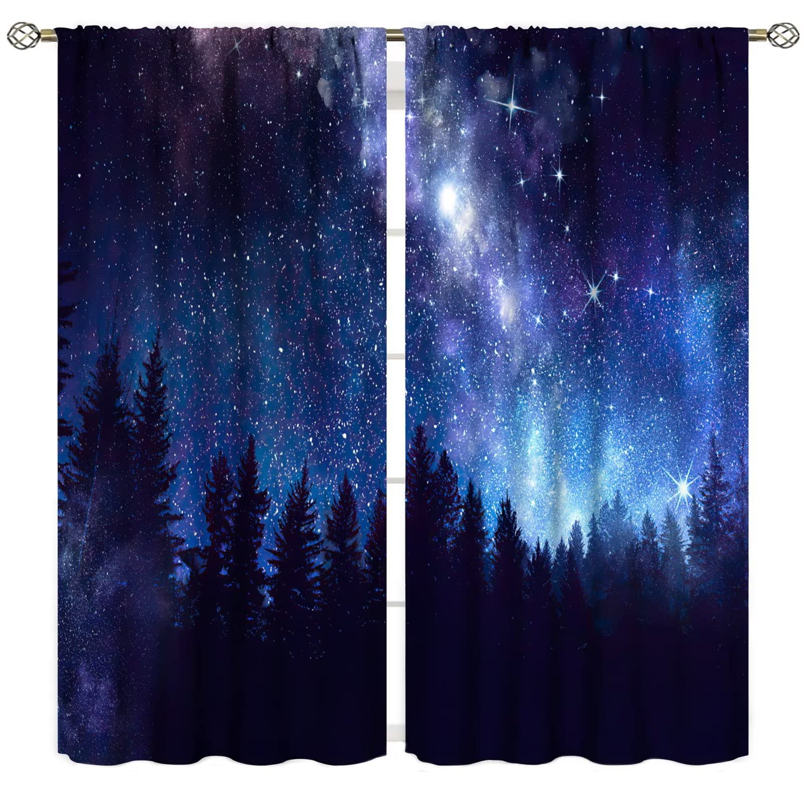Blue Starry Galaxy Blackout Curtain,Night Forest Nature Scenery Rod Pocket Window Door Curtains for Living Room Bedroom Home Decor,2 Panels W63xL72in
