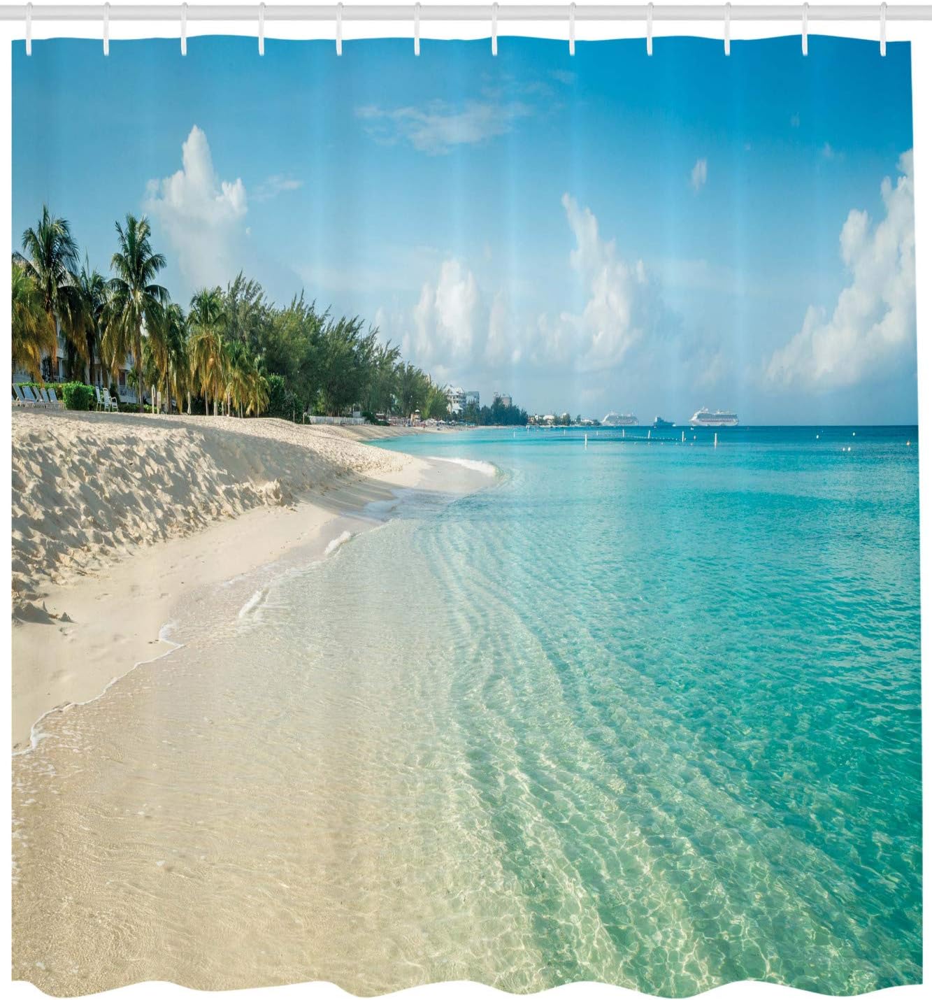 Ambesonne Island Shower Curtain, White Coral Sand Seven Mile Beach in Grand Cayman Island Art Print, Cloth Fabric Bathroom Decor Set with Hooks, 69" W x 70" L, Sky Blue and Multicolor