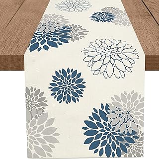 WHOMEAF Blue Gray Table Runner Dahlia Pinnata Flower Table Runners Modern Elegant Pompon Farmhouse Geometric Table Center ...