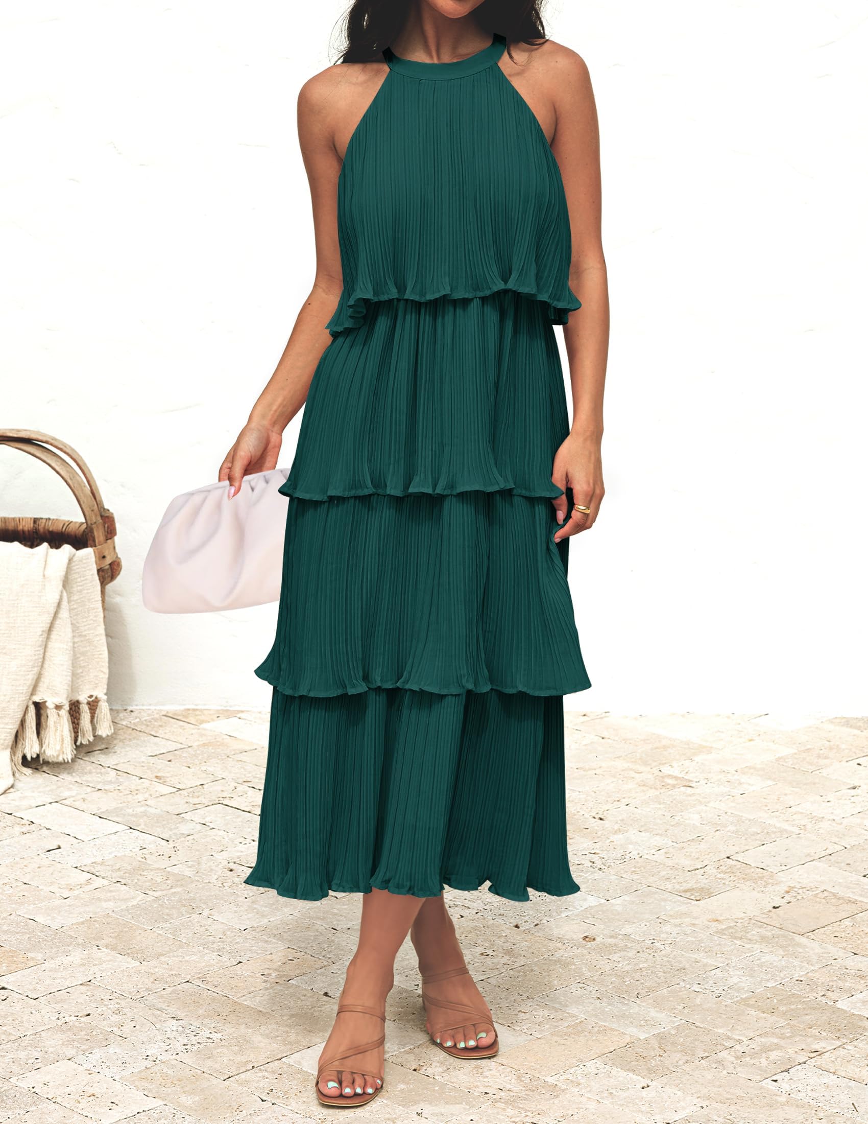 ZESICA Vestido largo por debajo de la rodilla sin mangas con cuello halter y volantes para mujer, de gasa, con vuelo, de verano 2026