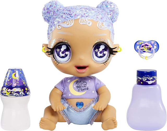 MGA'S Glitter Babyz - SELENA STARGAZER - Baby Doll with 3 Magical Colour Changes with Ice-Cold Water, Purple Glitter Hair, Moon & Star Outfit, Diaper, Bottle & Pacifier Accessories - For Kids Ages 3+